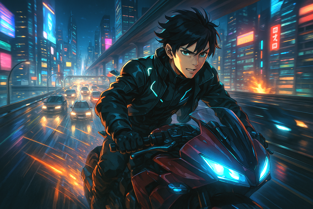 Anime Cyberpunk Motorcycle Poster: Giclée Art Print
