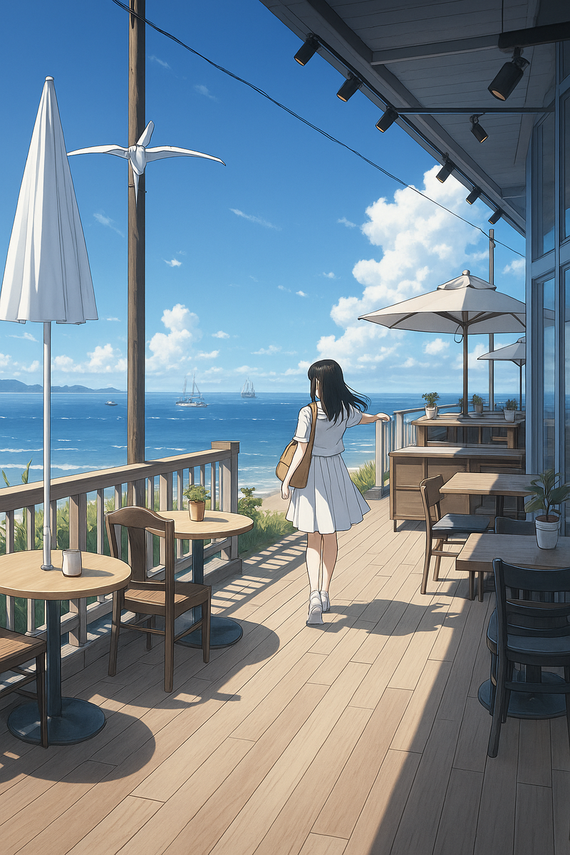 Anime Poster Girl on Seaside Café Terrace with Ocean View Wall Art