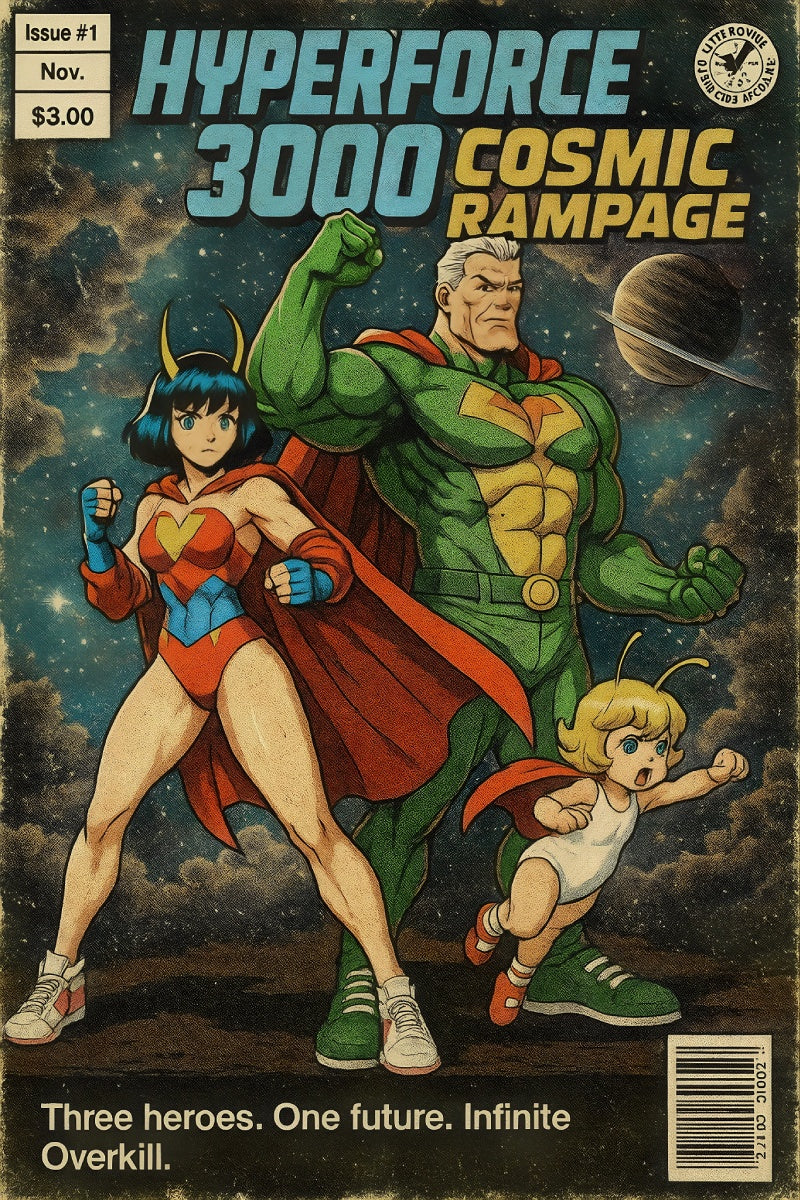 Hyperforce 3000 Anime Poster Cosmic Rampage Retro Comic Cover Art | Sci-Fi Wall Decor for Gamers and Collectors