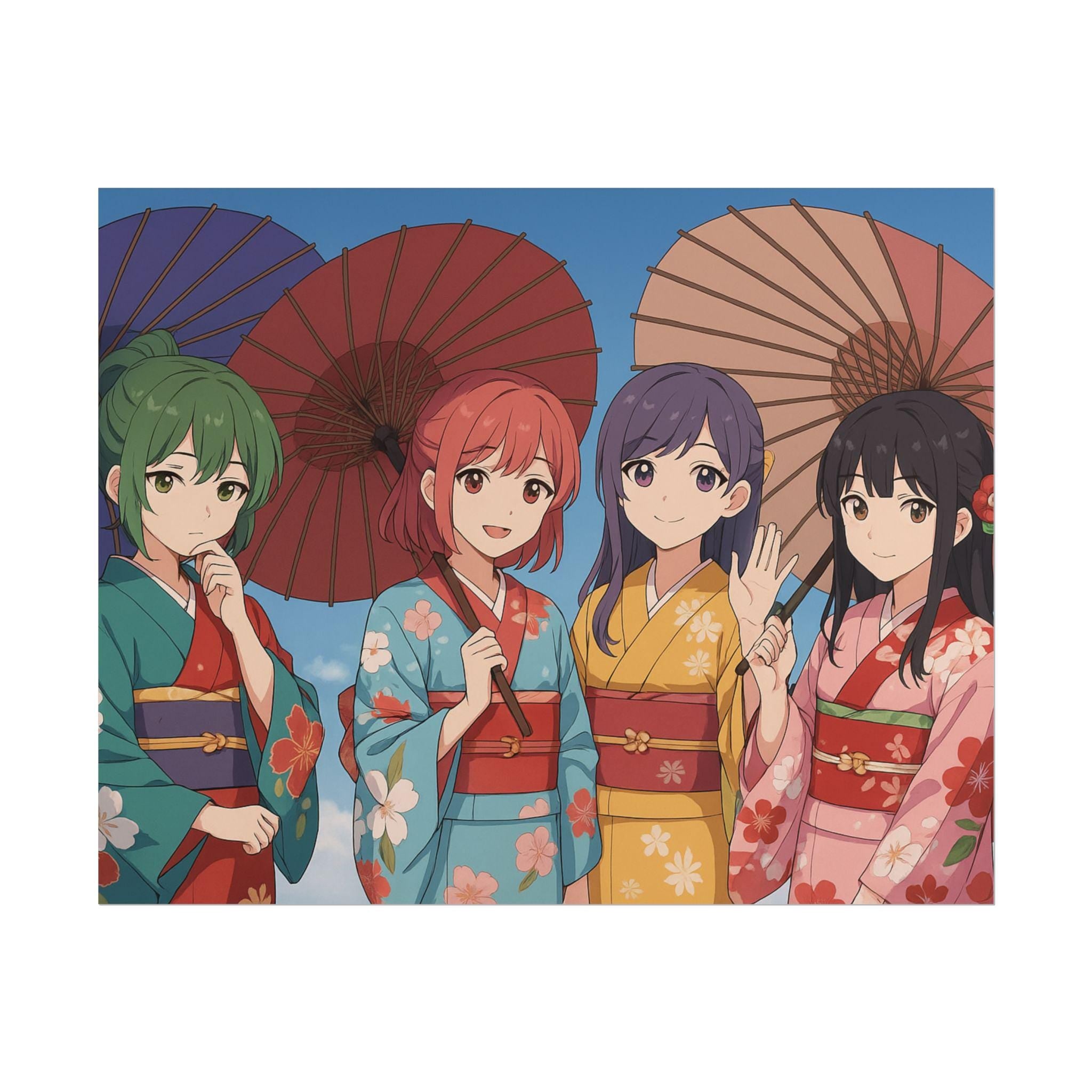 Vibrant Anime Poster Girls in Kimono with Parasols Japanese Festival Art Print