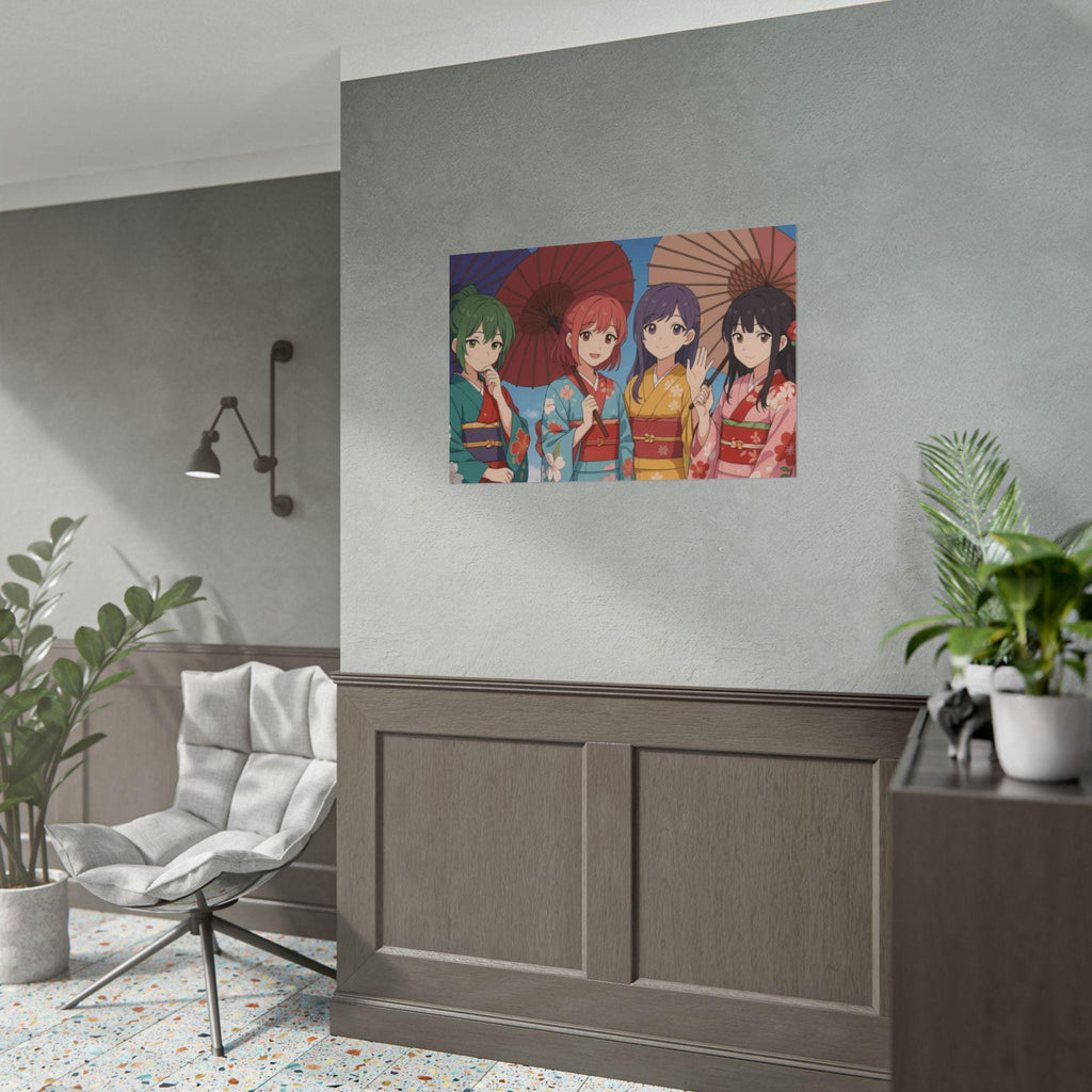 Vibrant Anime Poster Girls in Kimono with Parasols Japanese Festival Art Print