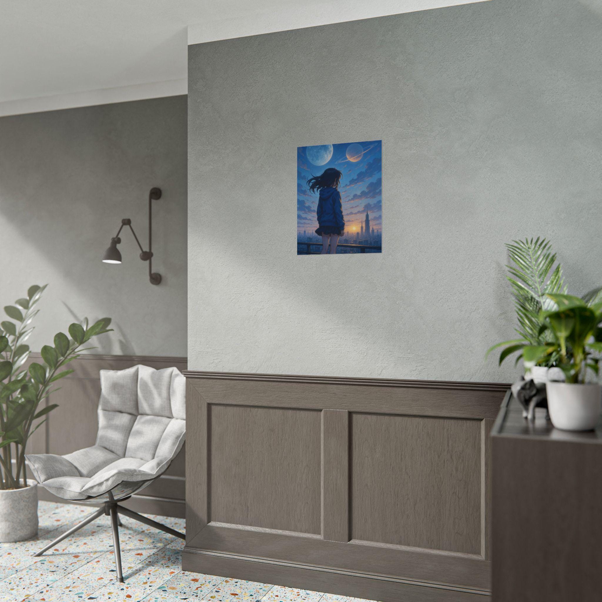 Anime Poster Girl Watching Planets Over Futuristic City at Sunset