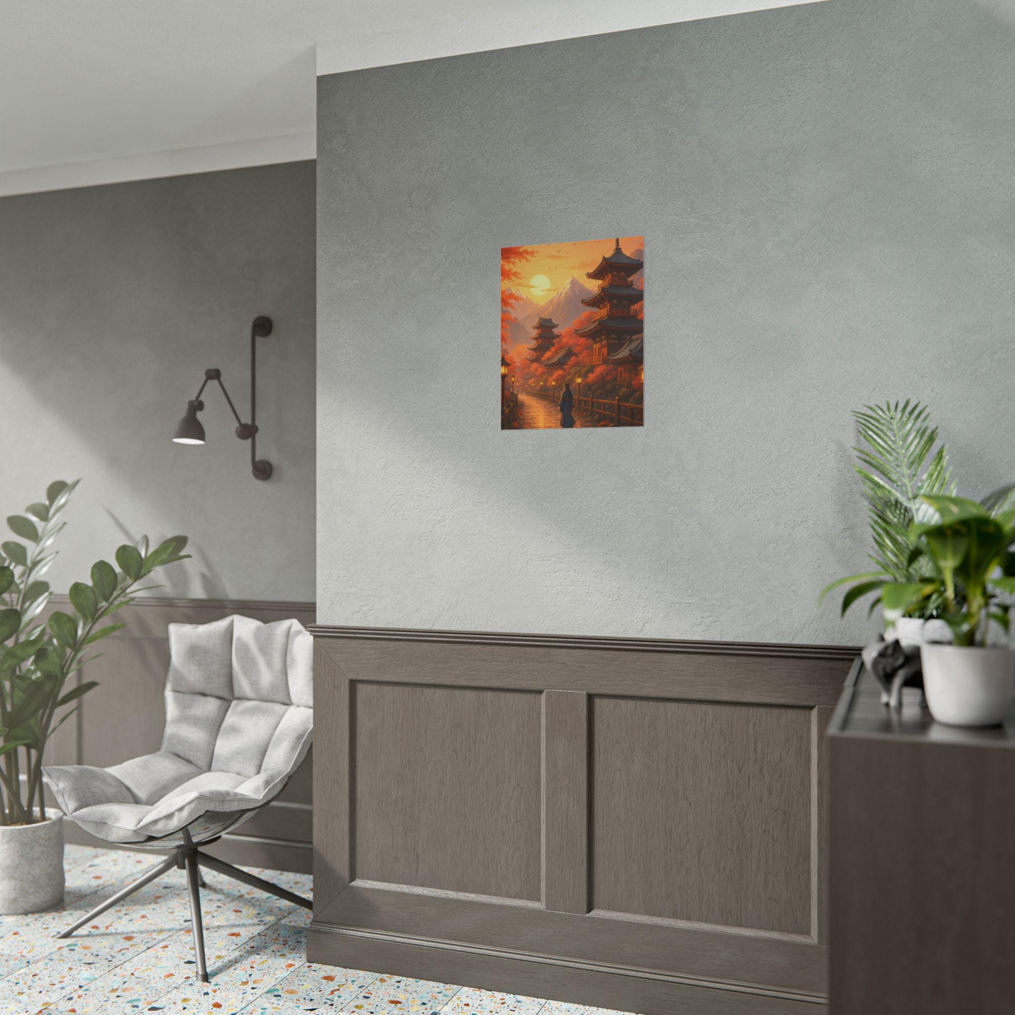 Serene Anime Poster Japanese Temple at Sunset with Autumn Leaves and Mountains