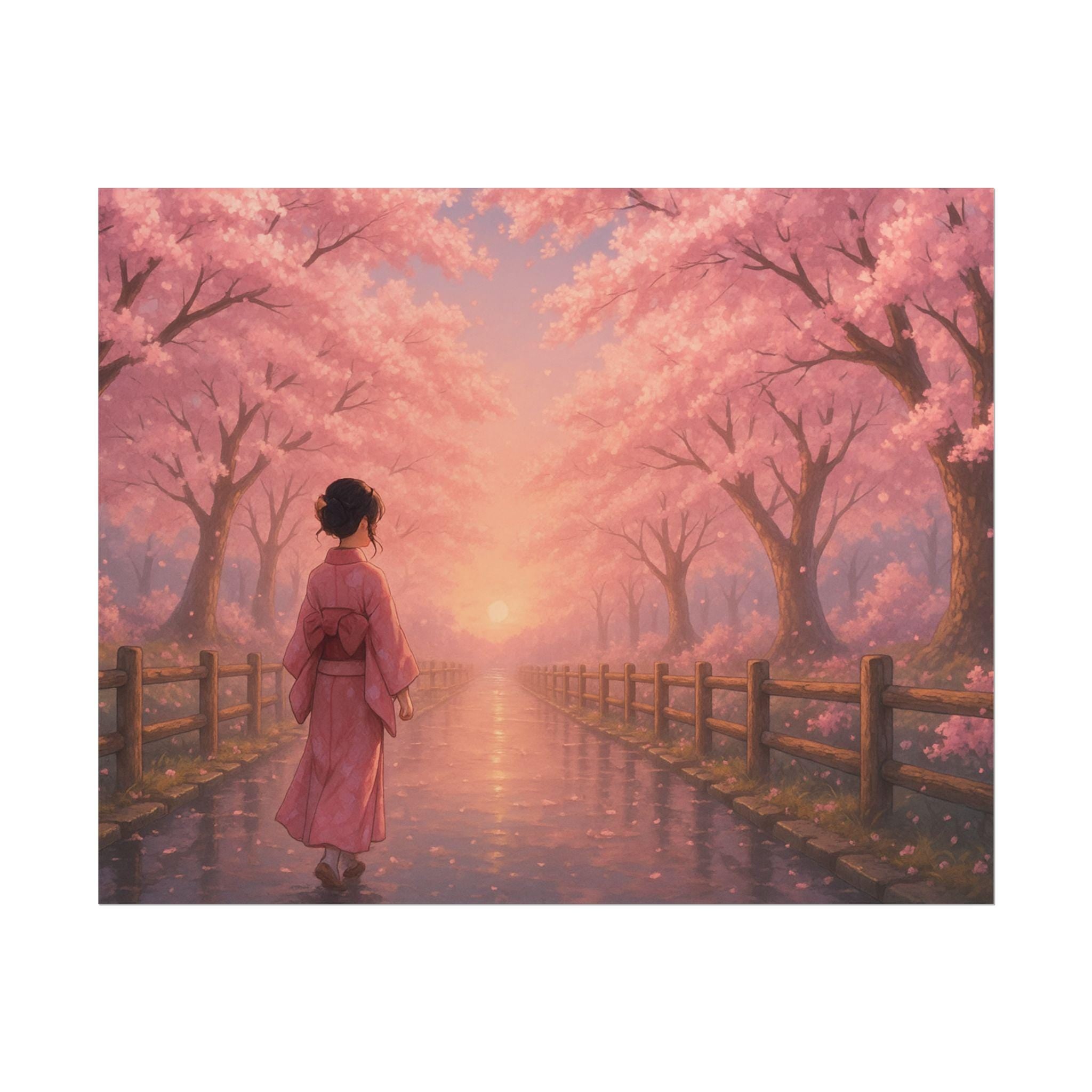 Anime Poster Kimono Woman Walking Under Cherry Blossoms at Sunset