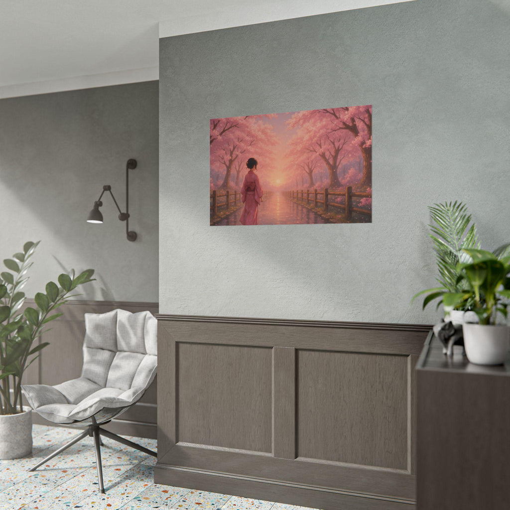 Anime Poster Kimono Woman Walking Under Cherry Blossoms at Sunset