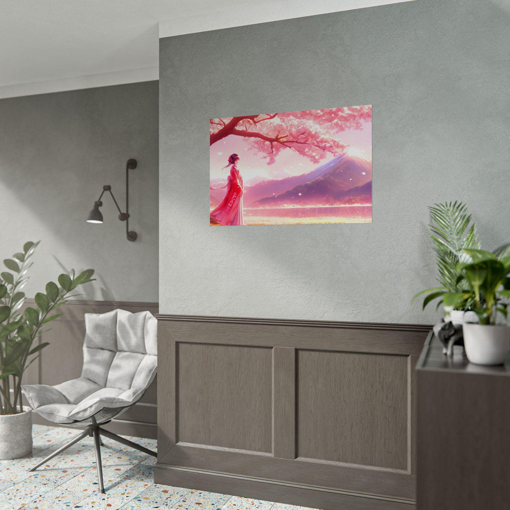 Anime Poster Woman in Kimono Under Cherry Blossoms with Mountain View