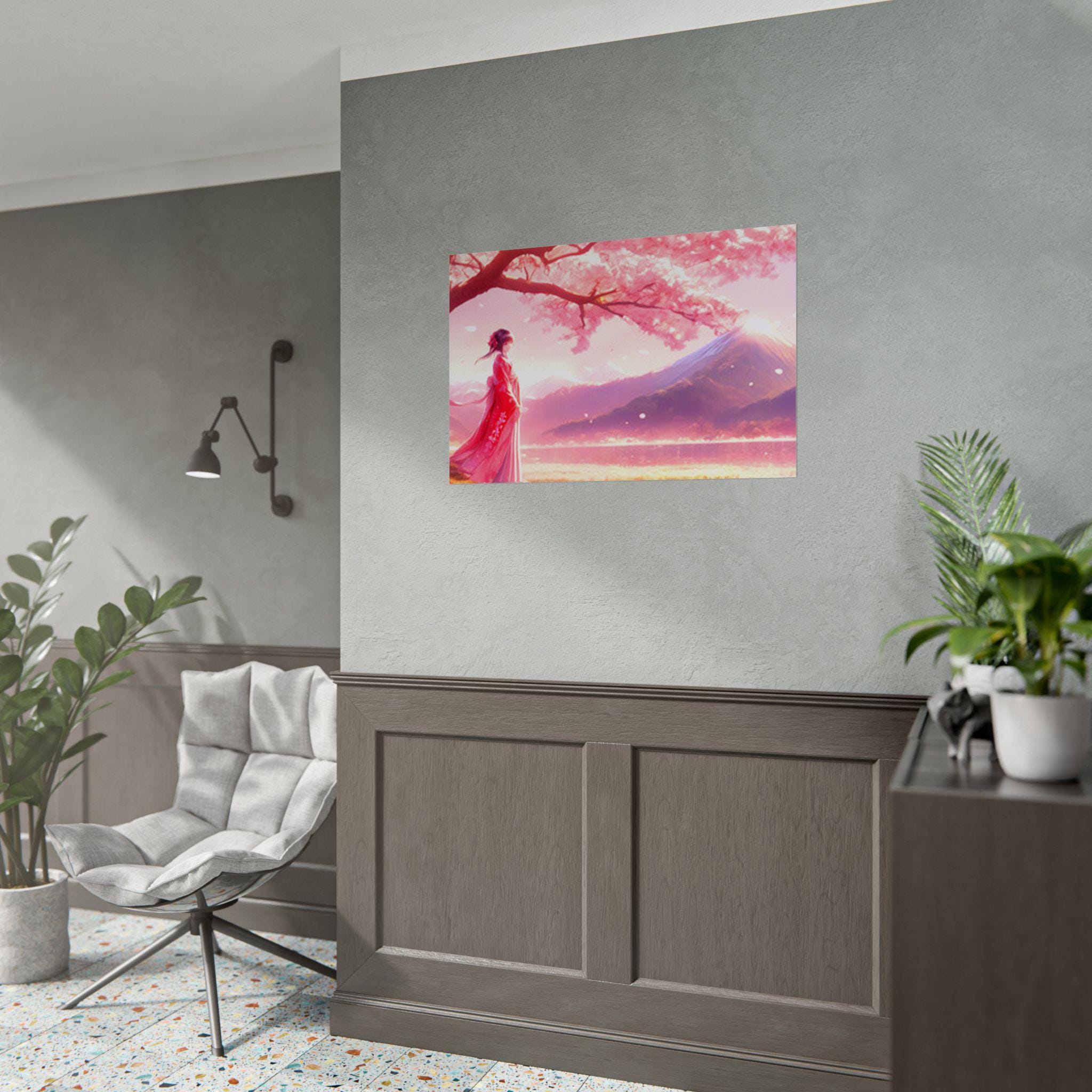 Anime Poster Woman in Kimono Under Cherry Blossoms with Mountain View