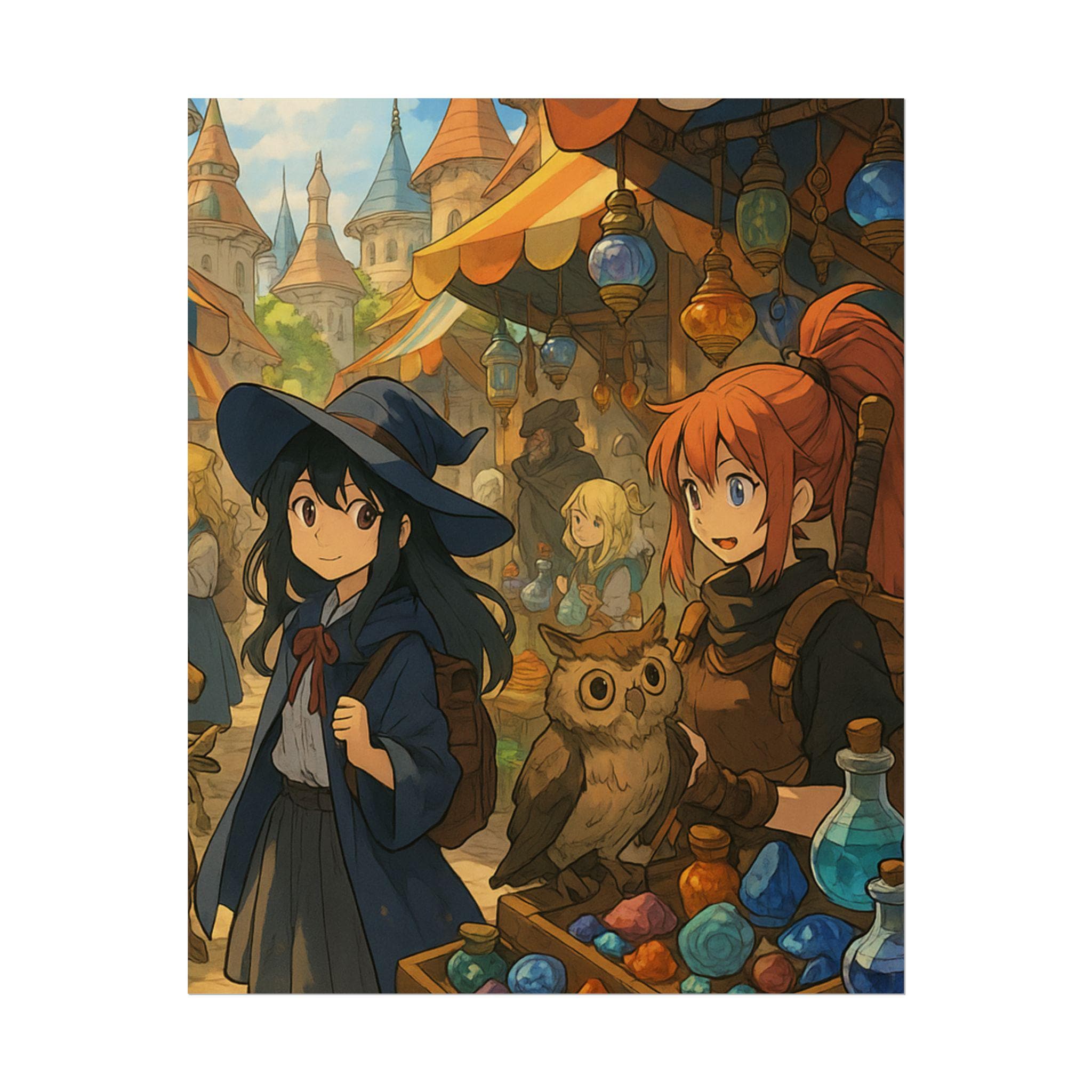 Enchanted Anime Market Poster: Witch & Owl Fantasy Art Print