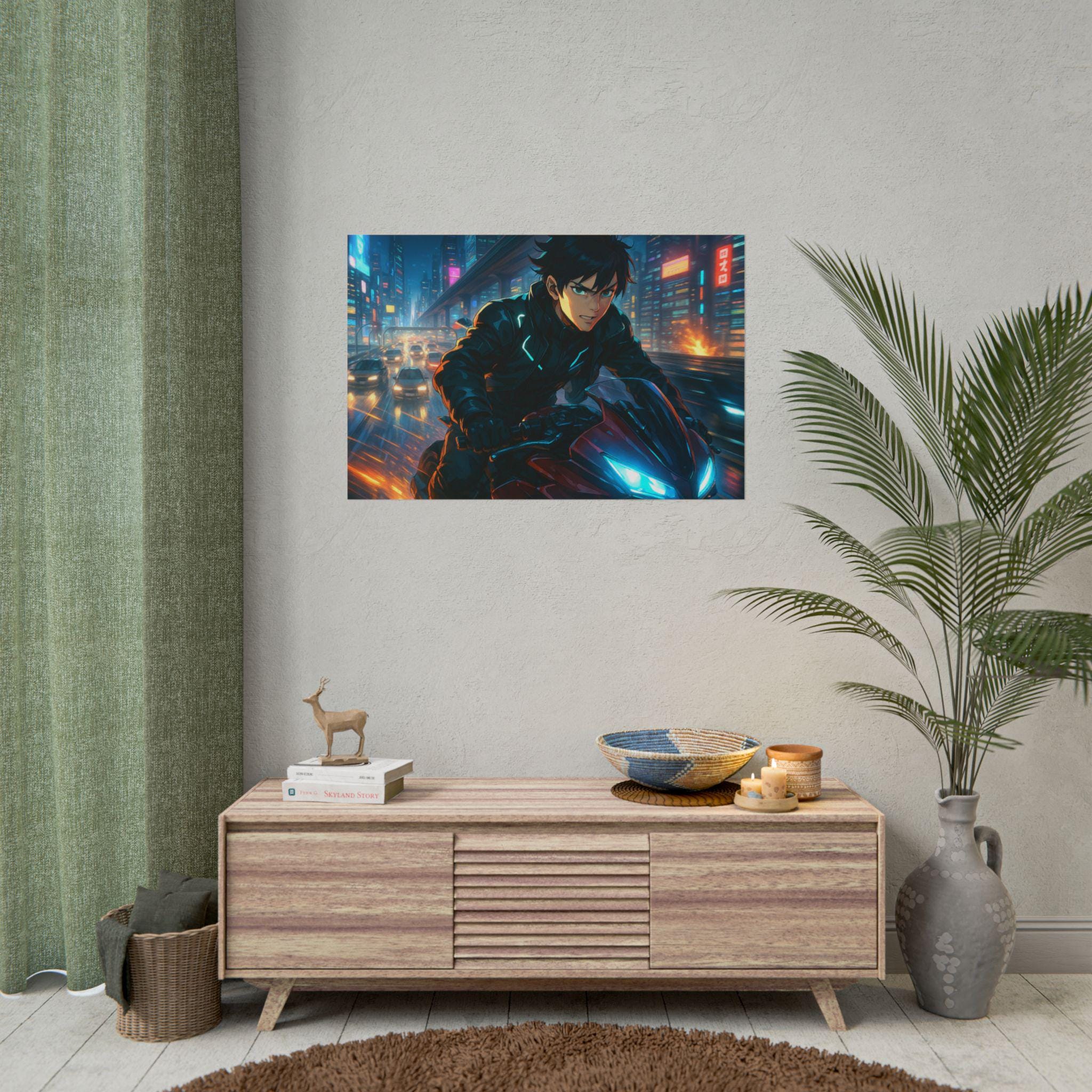 Anime Cyberpunk Motorcycle Poster: Giclée Art Print