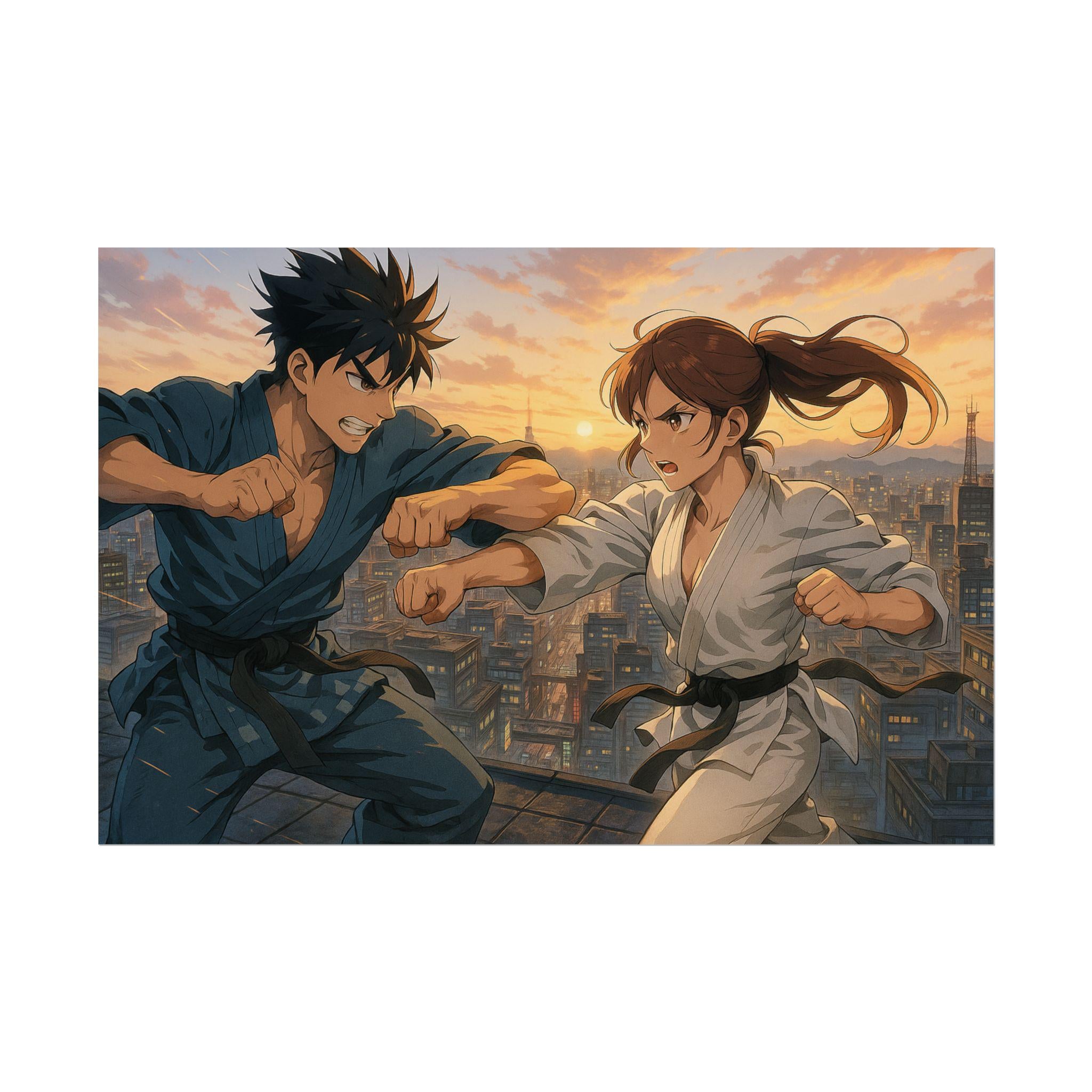 Dynamic Anime Martial Arts Showdown Poster, Karate Fighters at Sunset Cityscape Wall Art