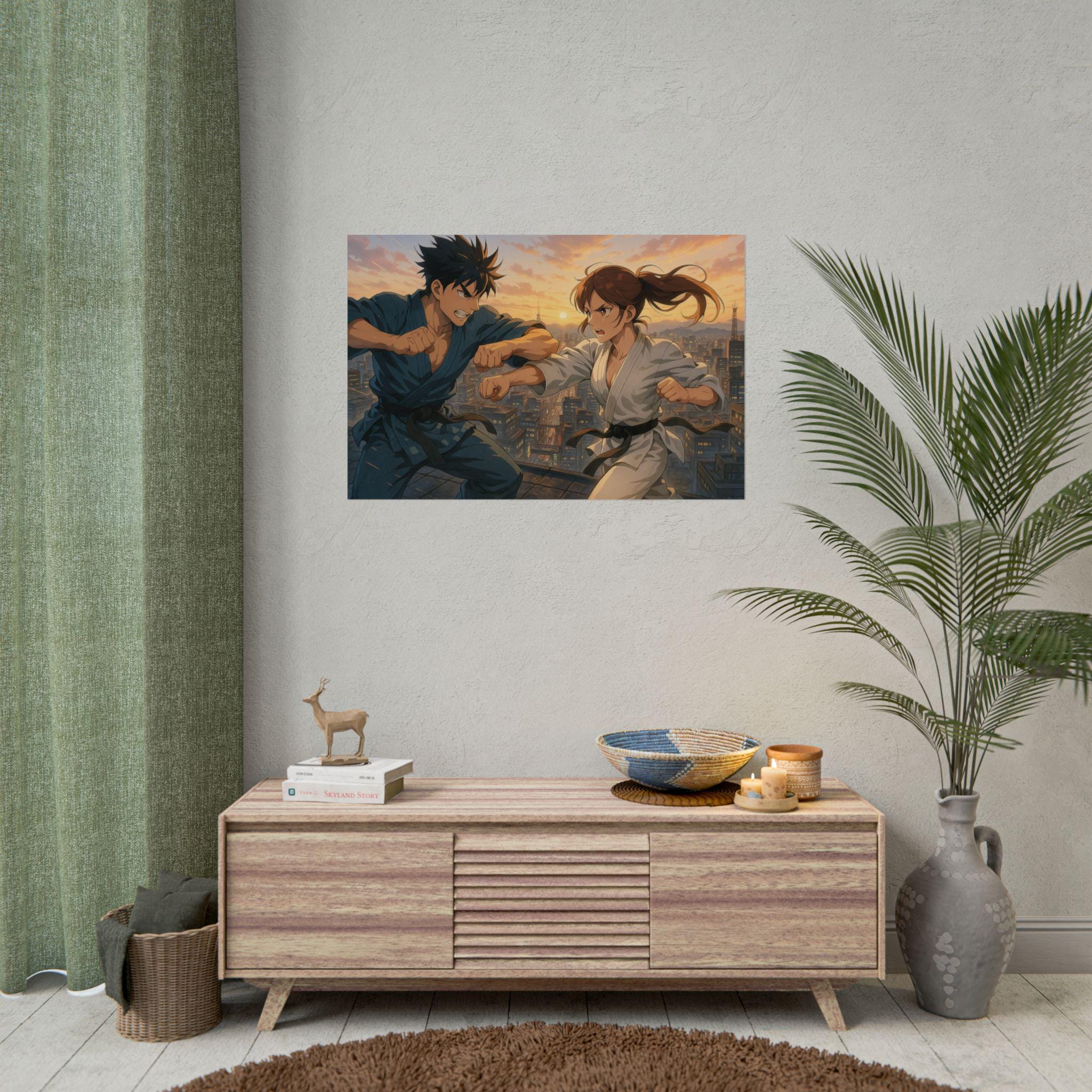 Dynamic Anime Martial Arts Showdown Poster, Karate Fighters at Sunset Cityscape Wall Art