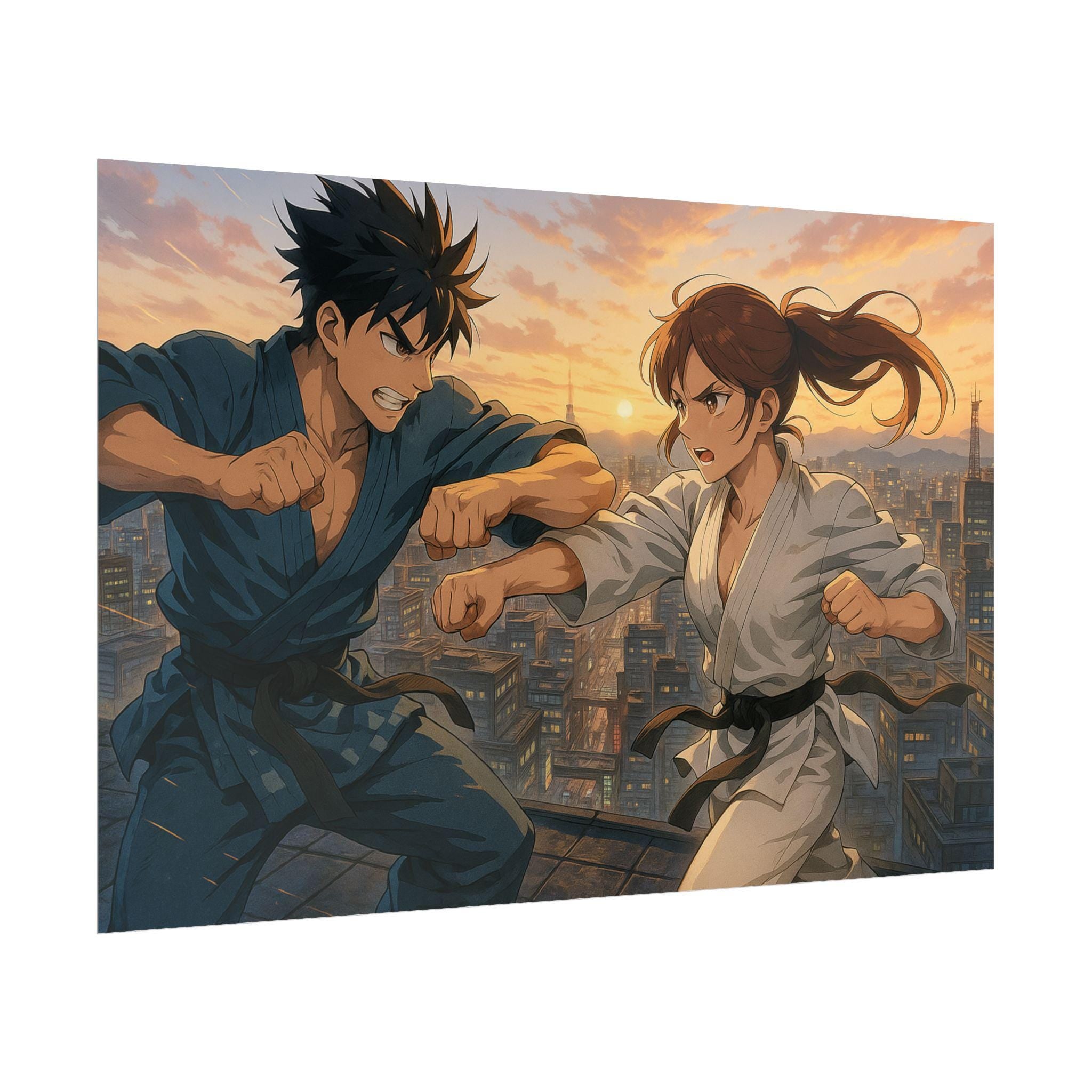 Dynamic Anime Martial Arts Showdown Poster, Karate Fighters at Sunset Cityscape Wall Art