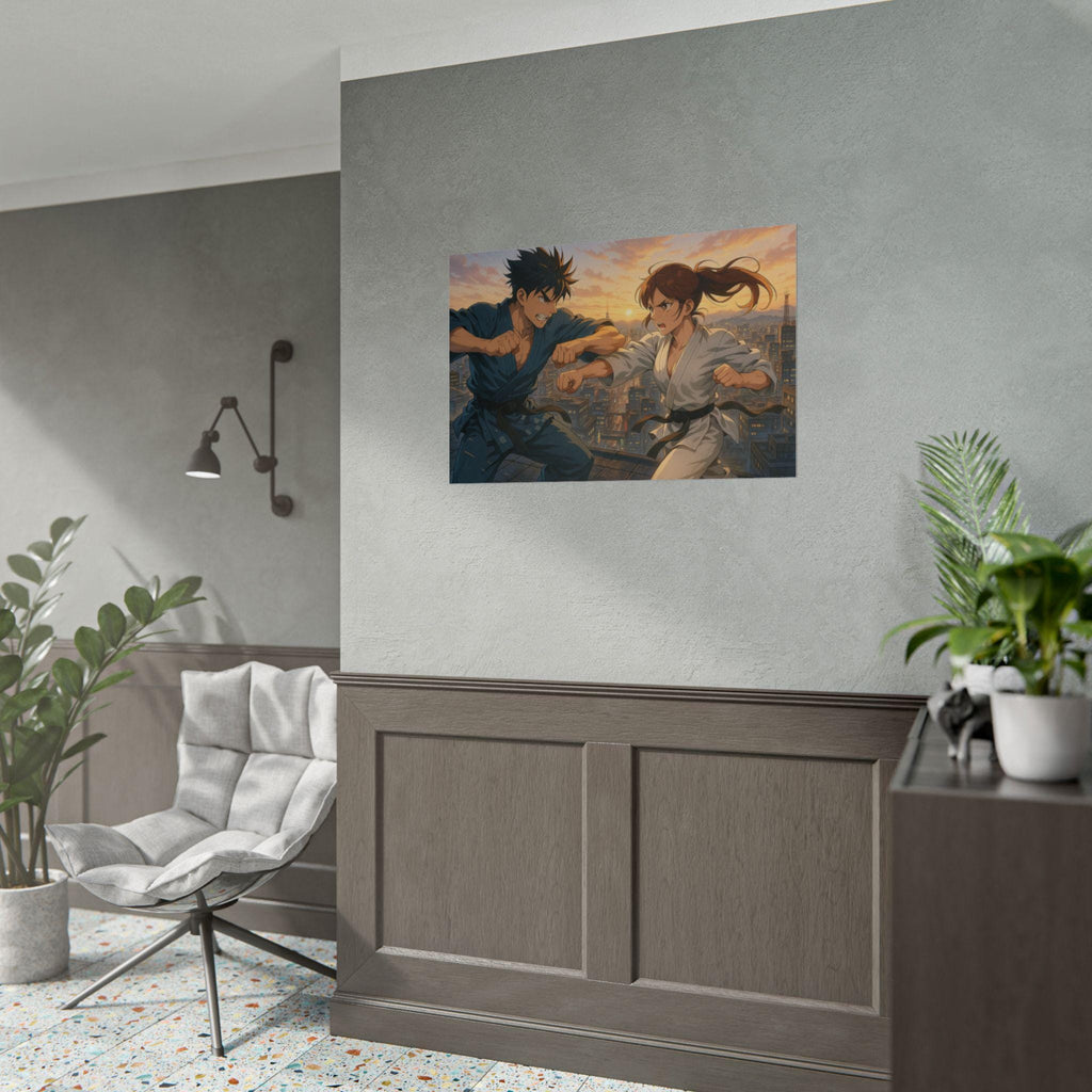Dynamic Anime Martial Arts Showdown Poster, Karate Fighters at Sunset Cityscape Wall Art