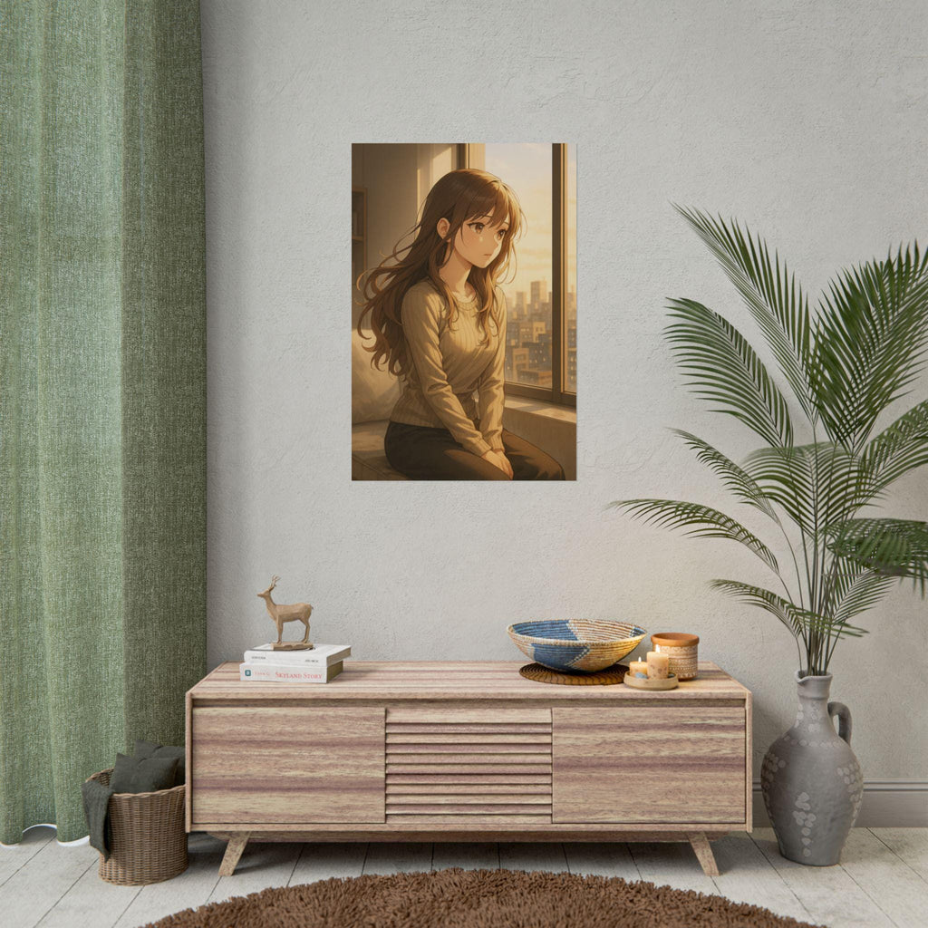 Anime Girl Sunset Wall Art Poster, Japanese Style Aesthetic Home Decor, City View Print, Cozy Room Art Gift Idea, Urban Anime Bedroom Decor