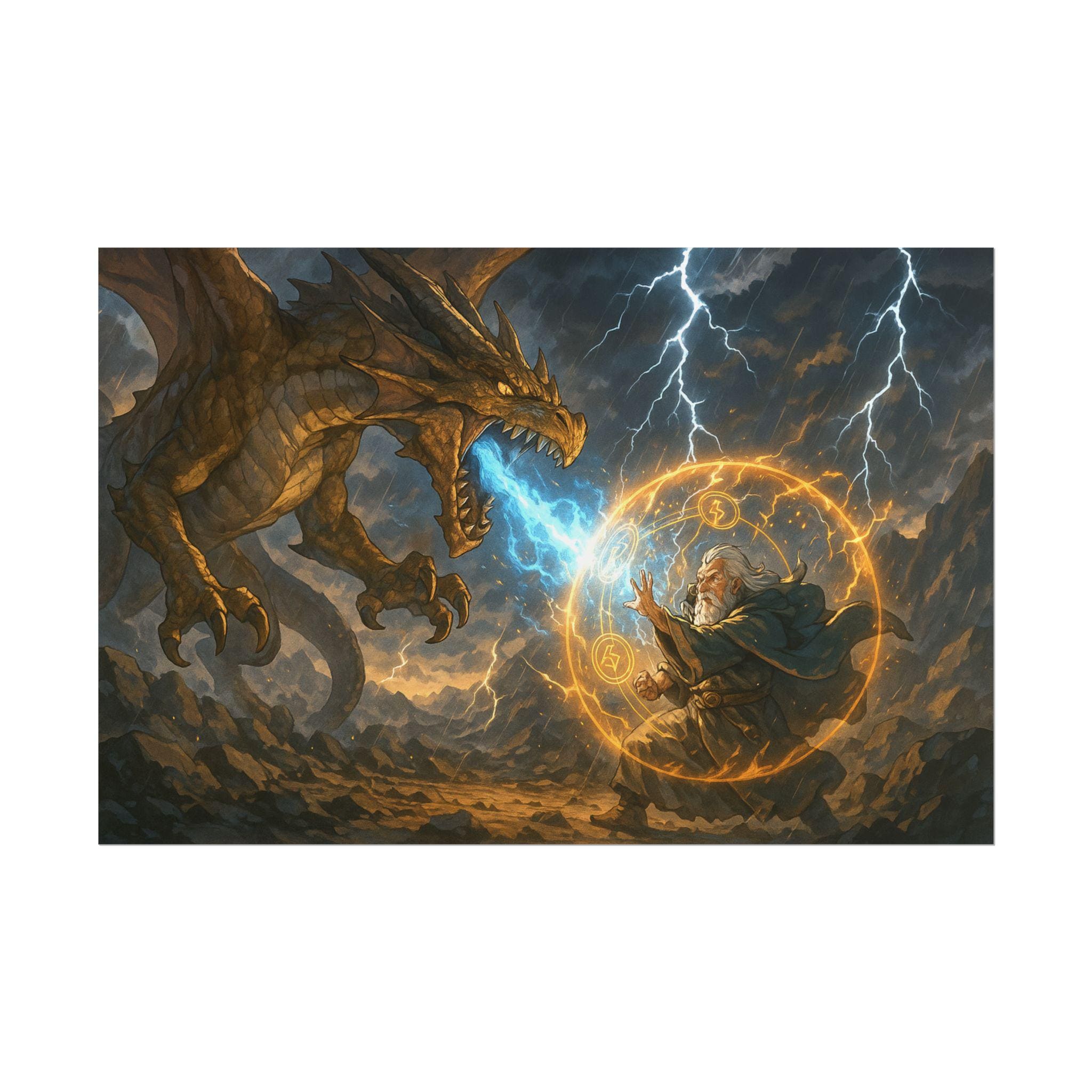 Fantasy Dragon Poster Stormy Sky Artwork Epic Creature Wall Art Mythical Anime Style Print