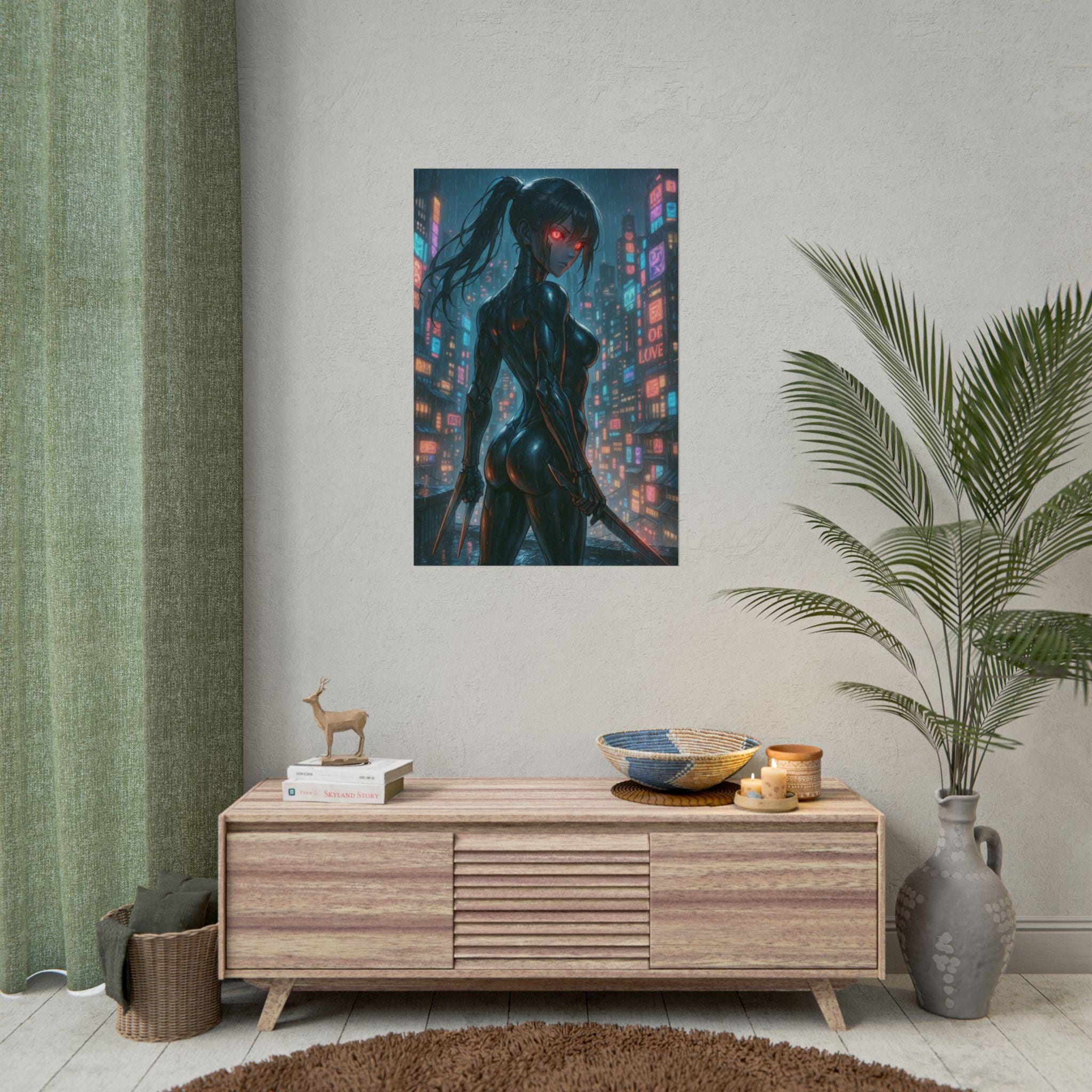 Anime Ninja Girl Poster: Vintage Cyberpunk Art Print