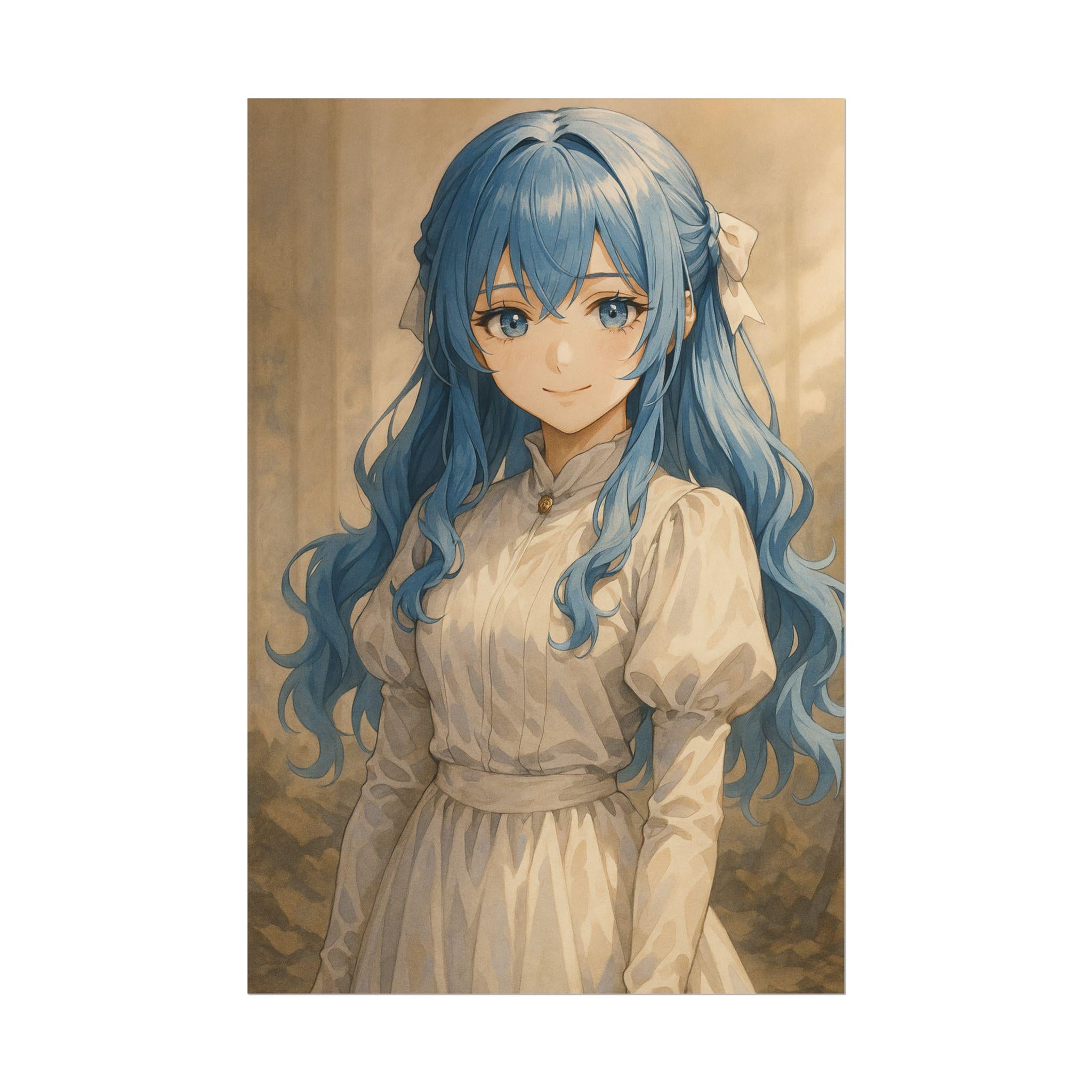 Charming Blue-Haired Anime Girl Art Poster