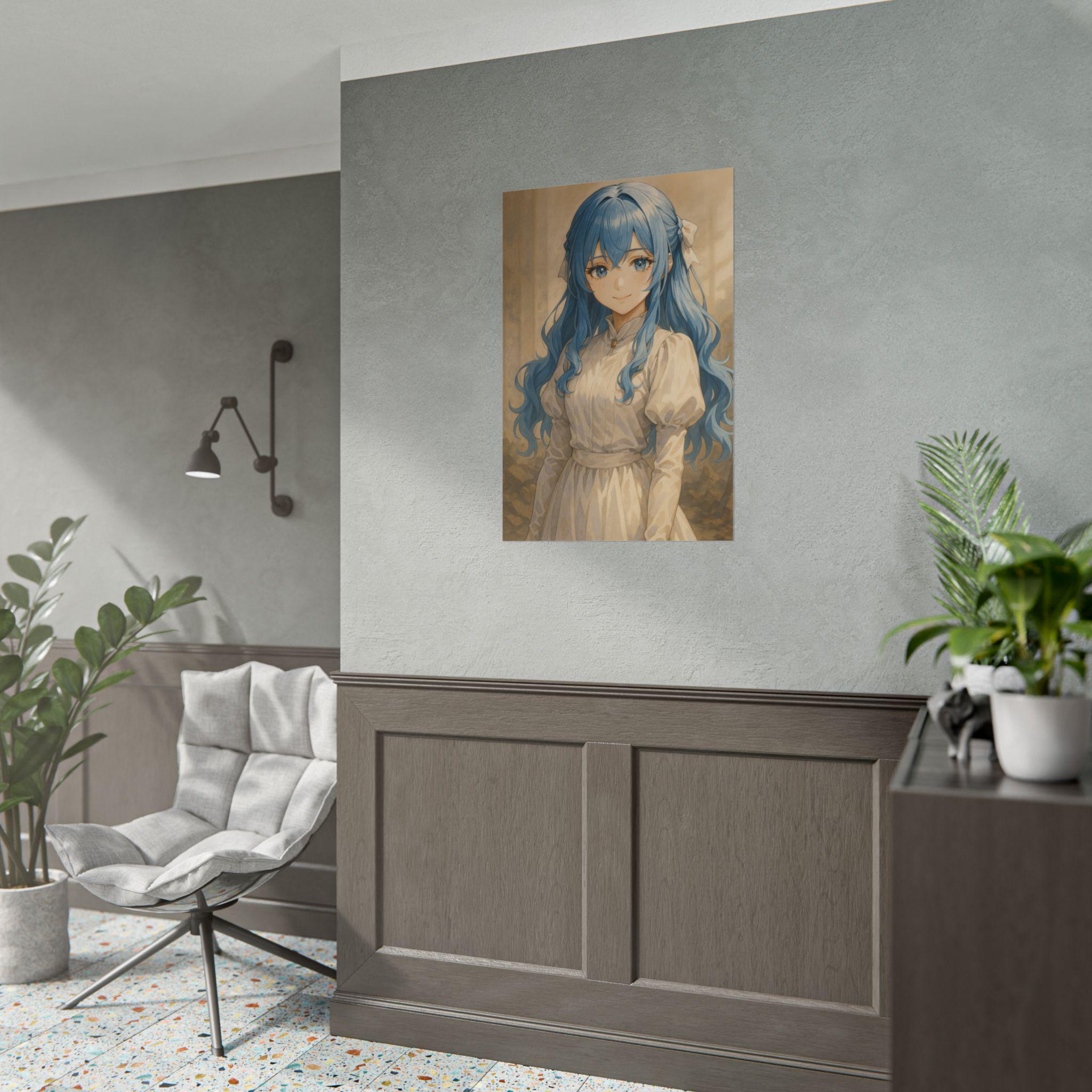 Charming Blue-Haired Anime Girl Art Poster