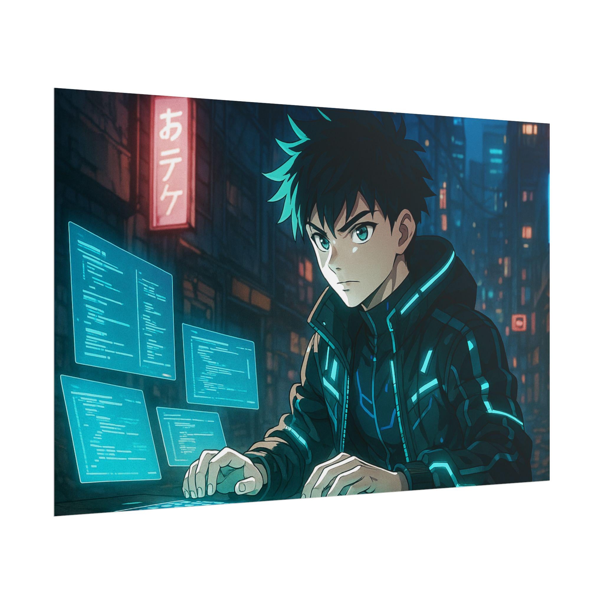 Cyberpunk Anime Hacker Poster: Neon City Sci-Fi Wall Art