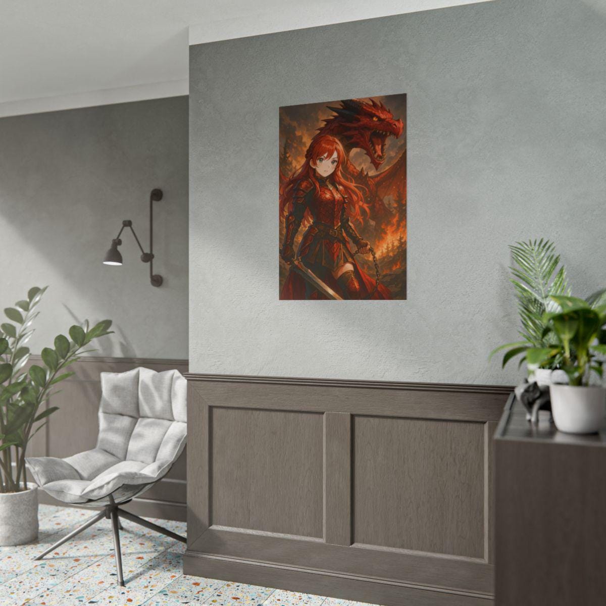 Anime Female Warrior and Dragon Art Print: Fantasy Poster (24"x36")