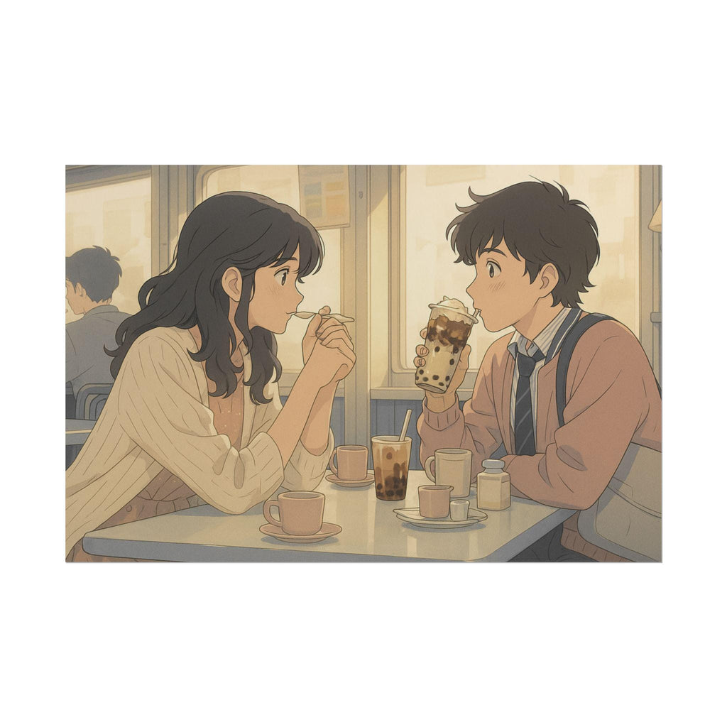 Anime Couple Poster: Cozy Cafe Bubble Tea Print