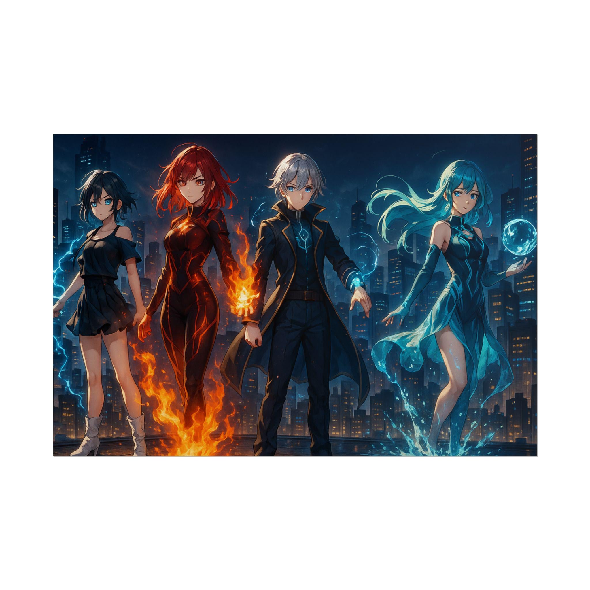 Anime Elemental Powers Poster: Magic Heroes Team Wall Art