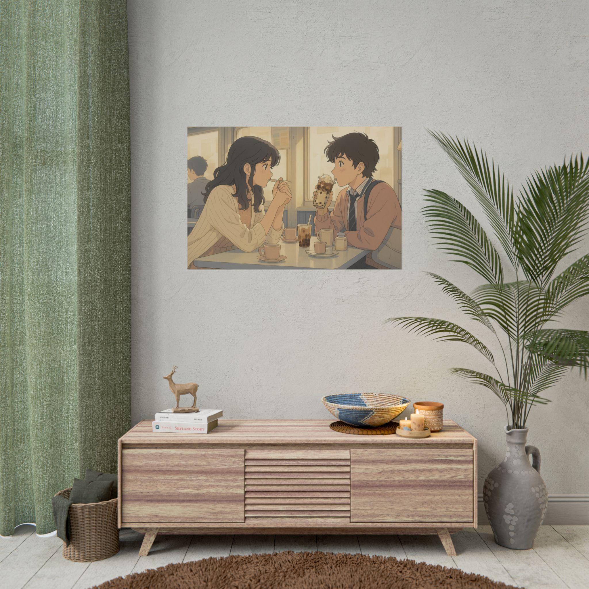 Anime Couple Poster: Cozy Cafe Bubble Tea Print