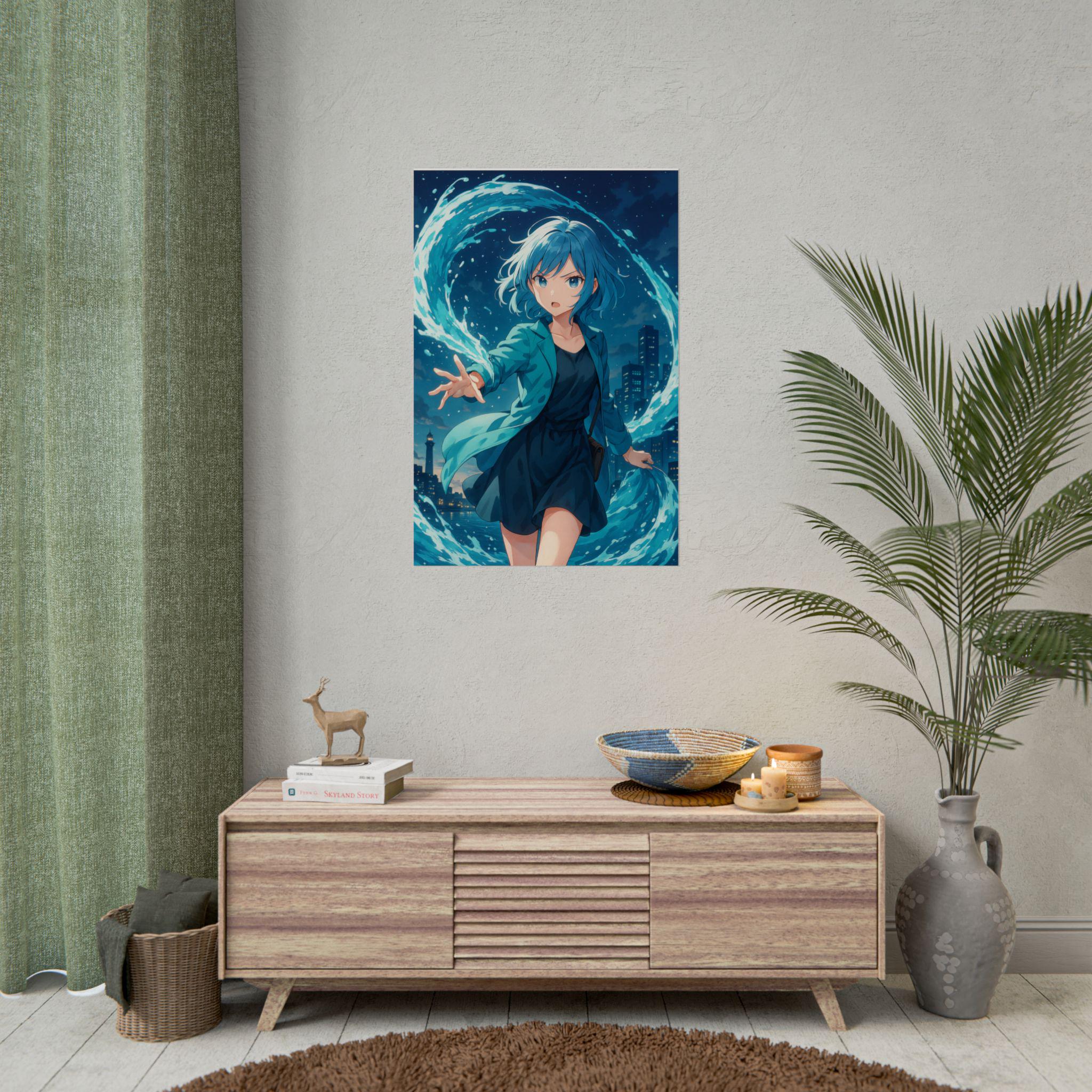 Anime Water Mage Poster: Elemental Magic Wall Art