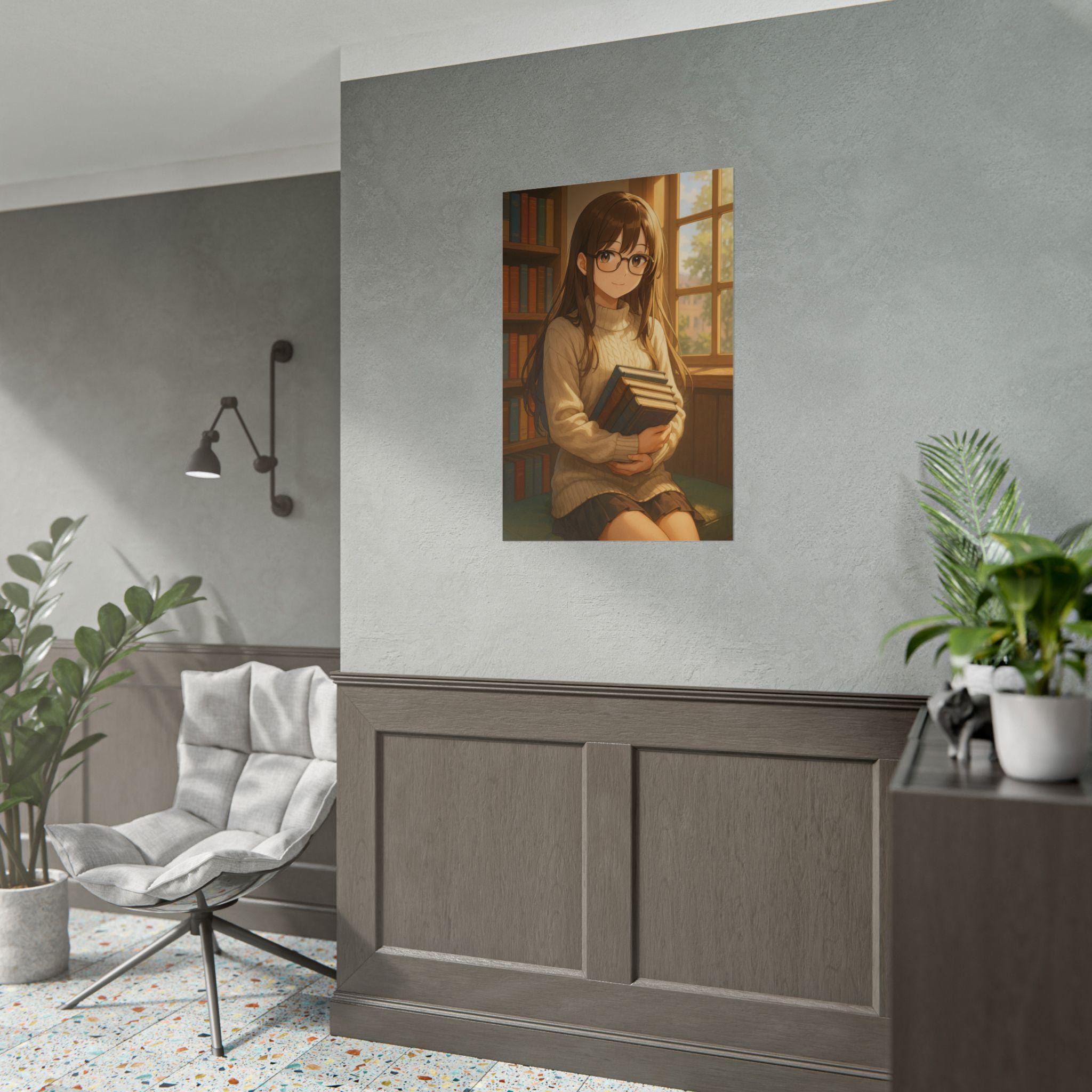Anime Girl Poster, Bookworm Wall Art Print, Cozy Library Aesthetic, Japanese Anime Decor, Gift for Manga Lovers and Otaku Fans