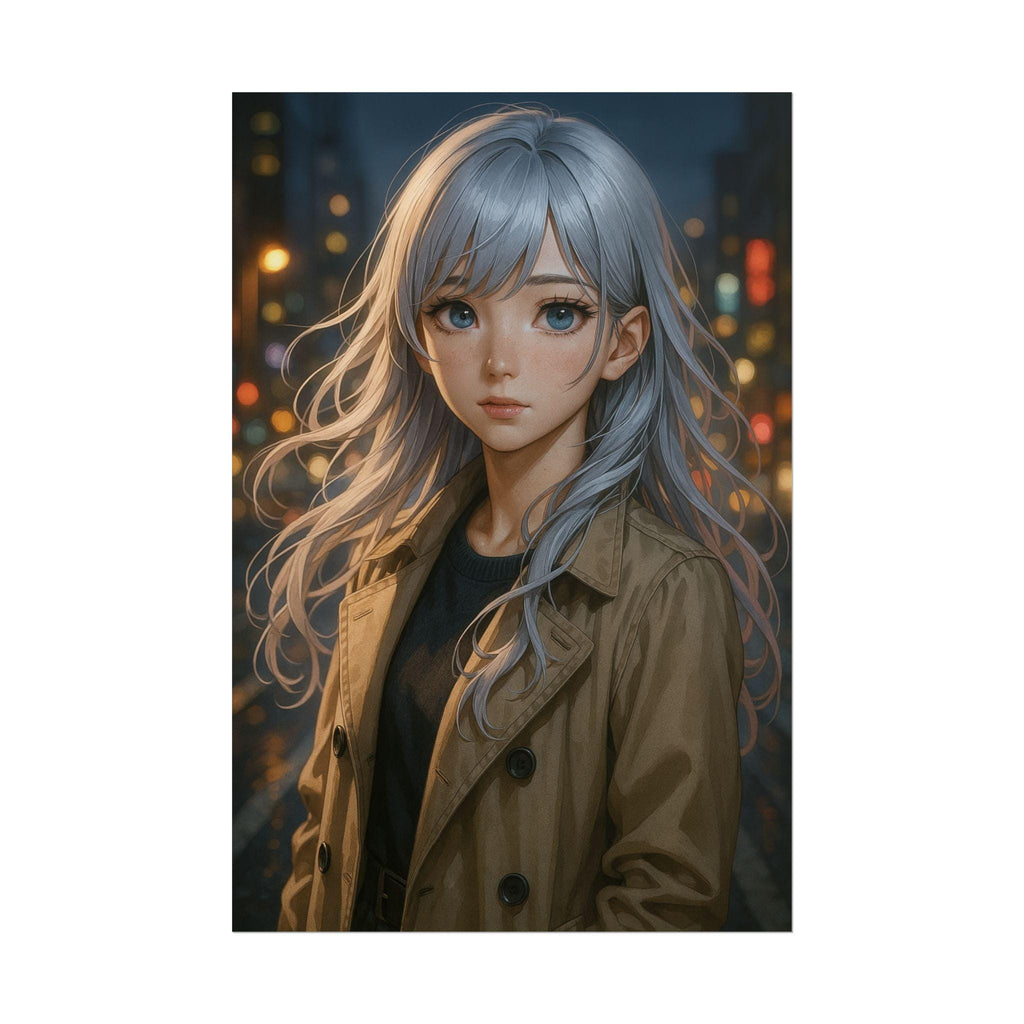 Anime Girl Wall Art, Silver Haired Girl in Trench Coat, City Night Street Scene Poster, Modern Realistic Anime Aesthetic Print
