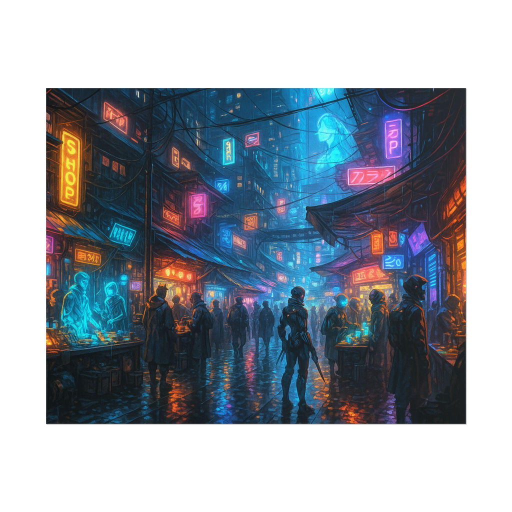 Cyberpunk City Poster Futuristic Anime Street Scene with Neon Lights and Sci Fi Market