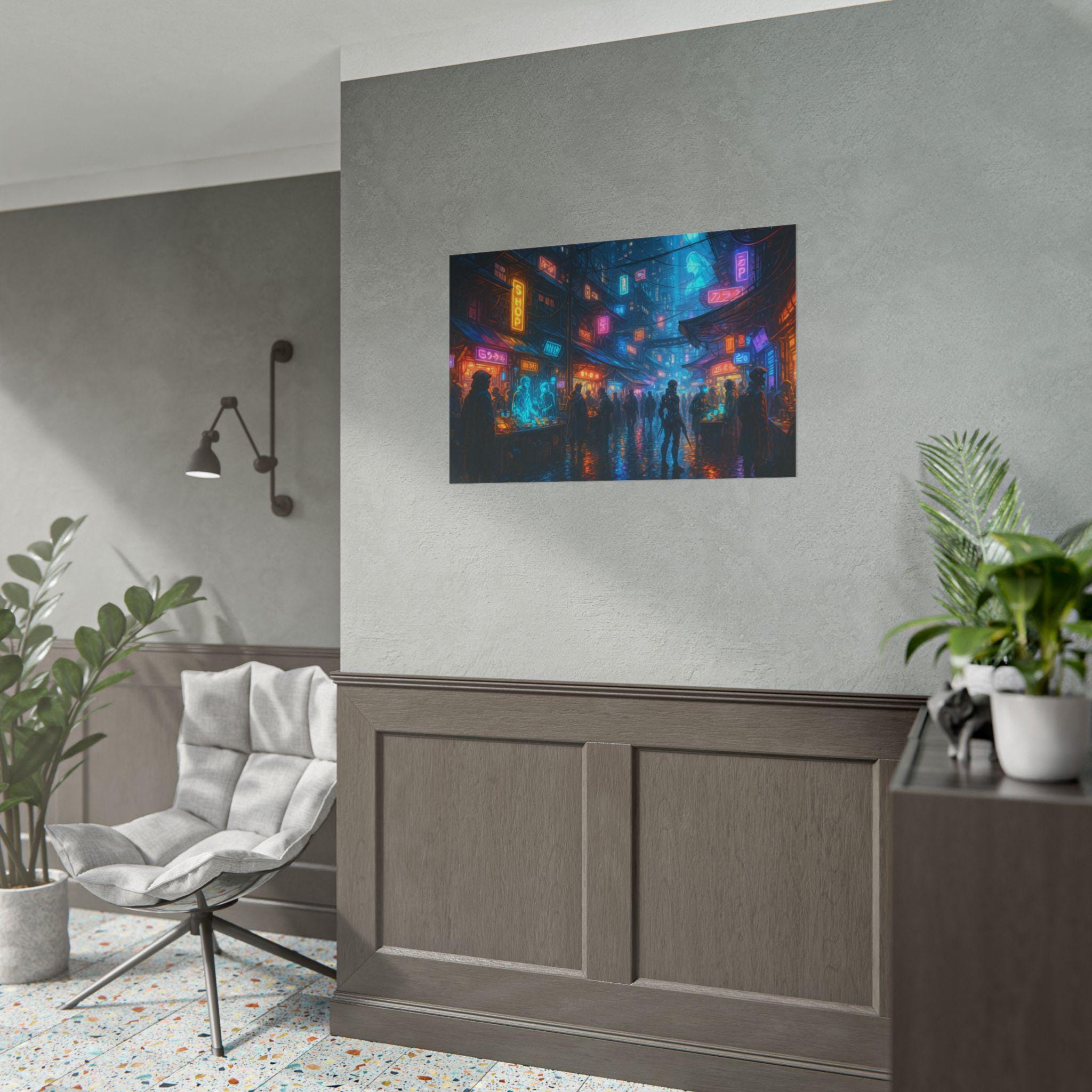 Cyberpunk City Poster Futuristic Anime Street Scene with Neon Lights and Sci Fi Market