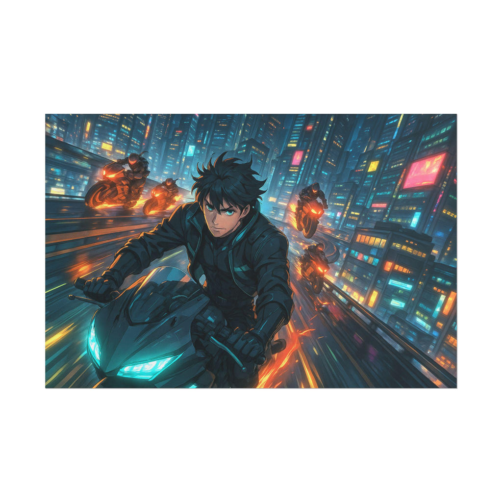 Cyberpunk Anime Poster Futuristic Motorcycle Chase in Neon City