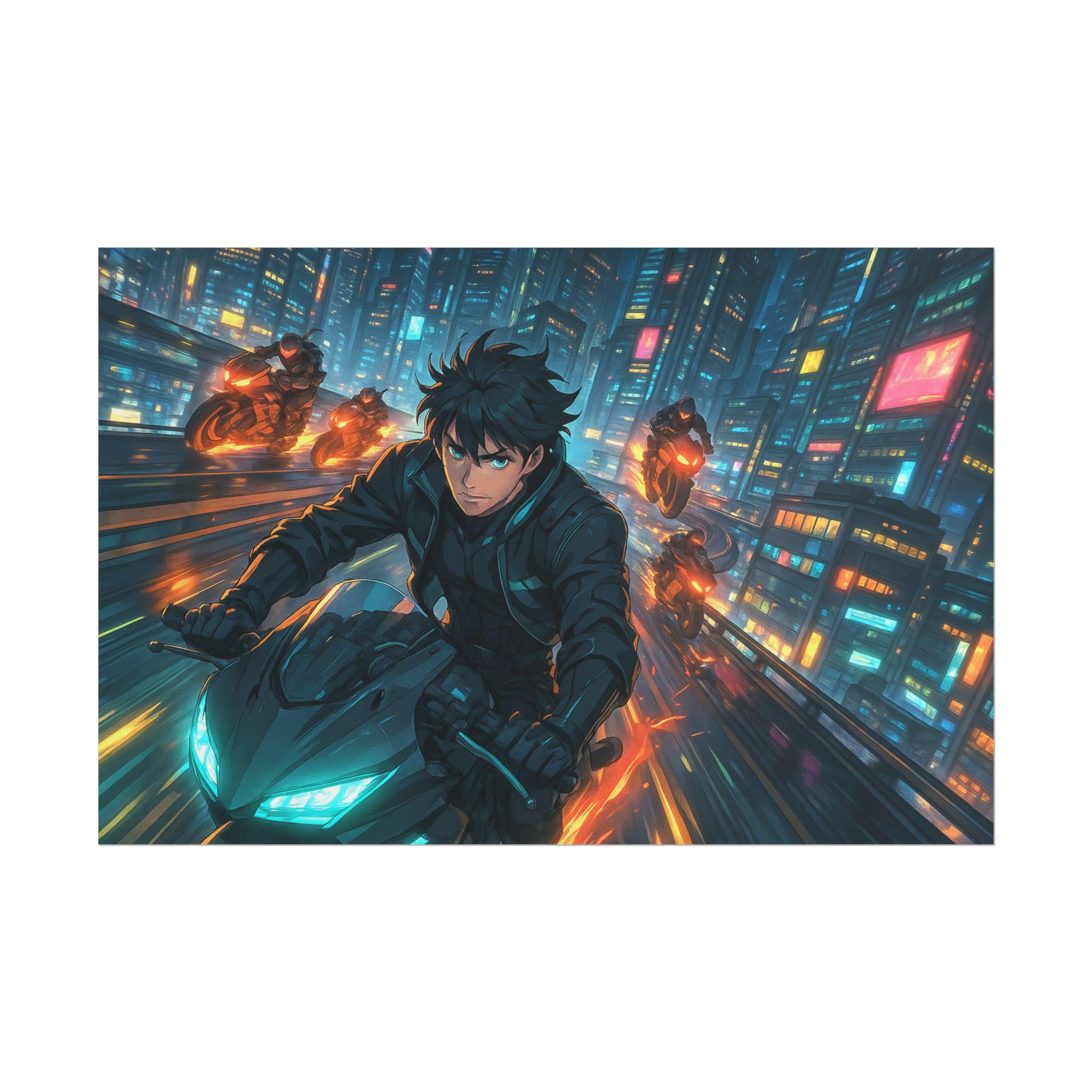 Cyberpunk Anime Poster Futuristic Motorcycle Chase in Neon City
