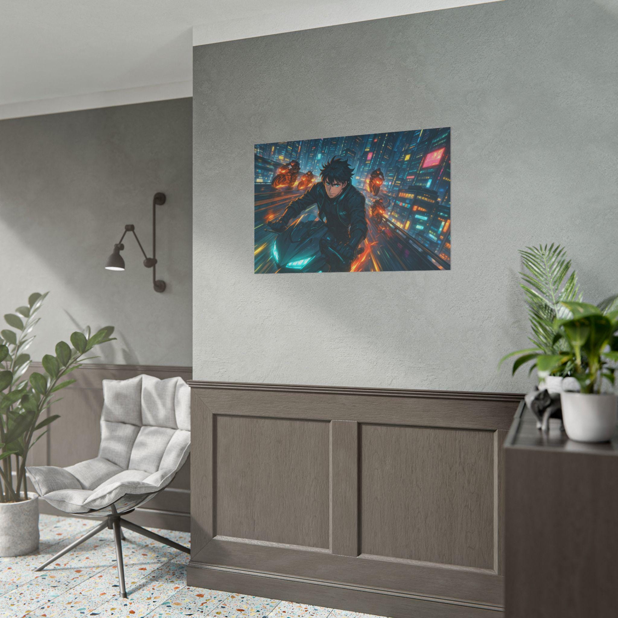 Cyberpunk Anime Poster Futuristic Motorcycle Chase in Neon City