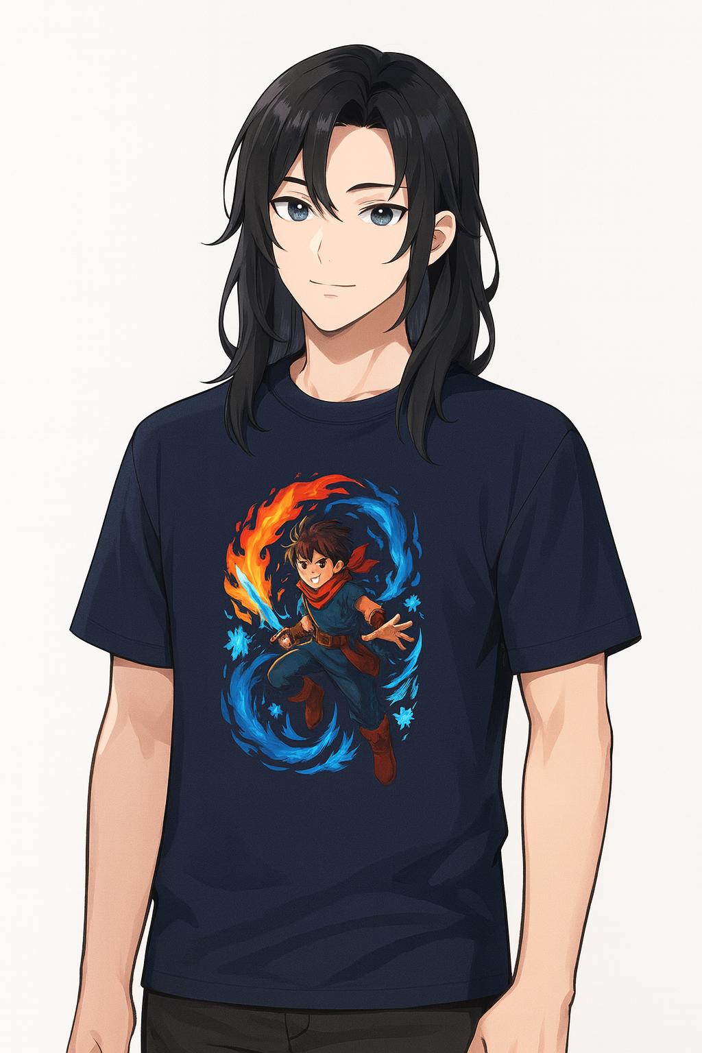 Fire and Ice Anime Wizard T-Shirt: Fantasy Mage Graphic Tee