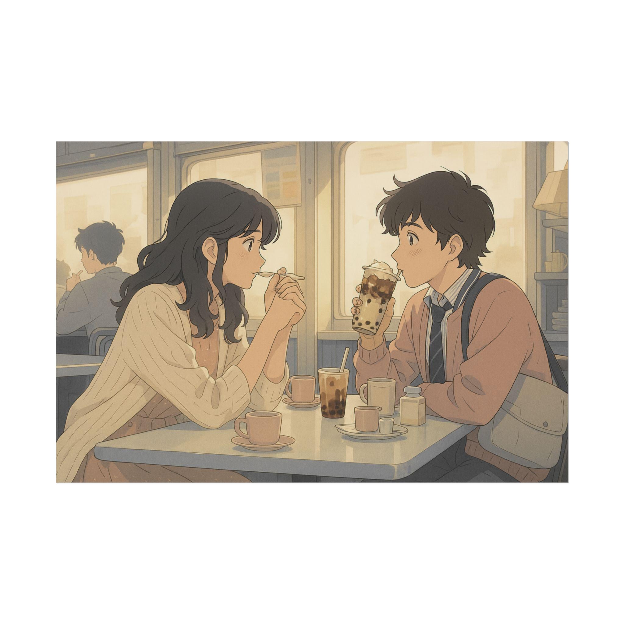 Anime Couple Cafe Date Art Print, Romantic Japanese Poster, Coffee Wall Decor, Cute Anime Couple Illustration for Home