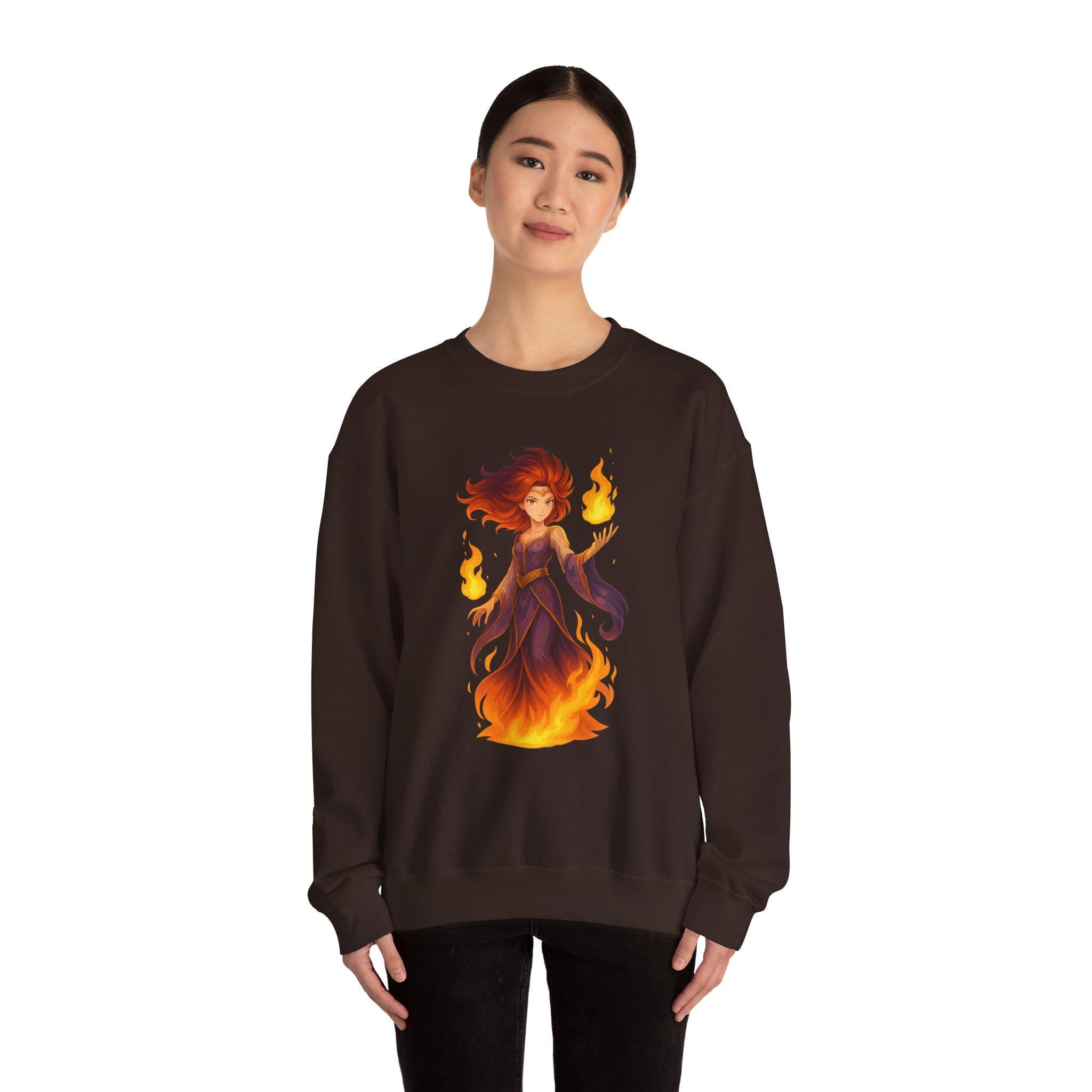 Anime Fire Sorceress Sweatshirt, Fantasy Japanese Hoodie, Magical Warrior Girl Art, Neon Glow Streetwear, DTG Print