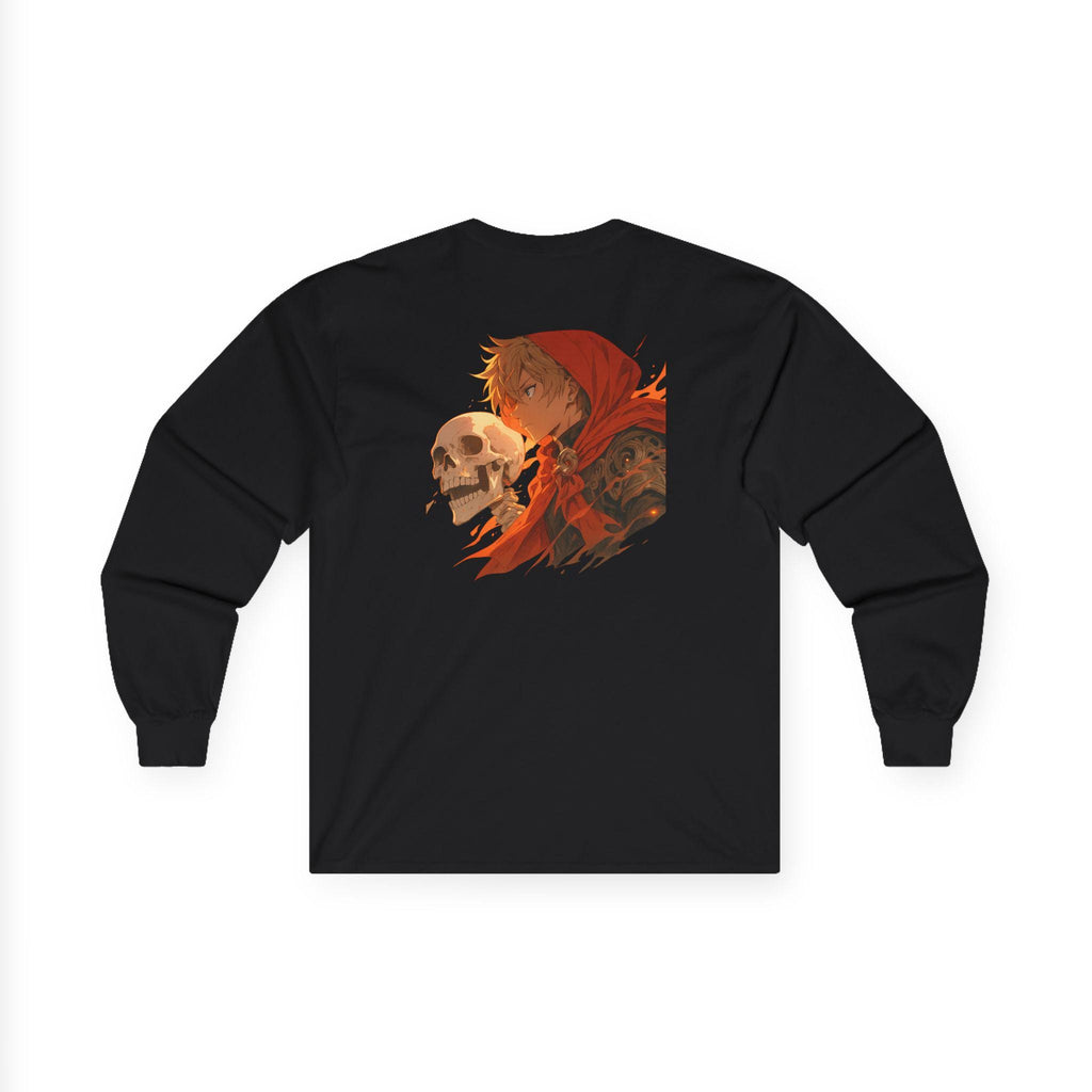 Anime Long Sleeve Shirt – Fiery Skull & Red Hood Warrior Art | Cool Anime Streetwear Tee | Epic Anime Apparel