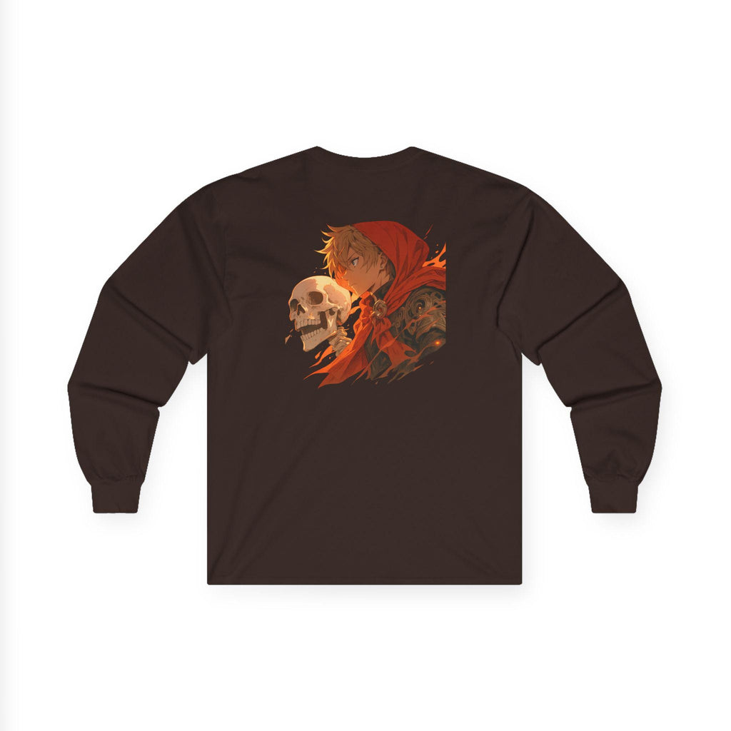Anime Long Sleeve Shirt – Fiery Skull & Red Hood Warrior Art | Cool Anime Streetwear Tee | Epic Anime Apparel