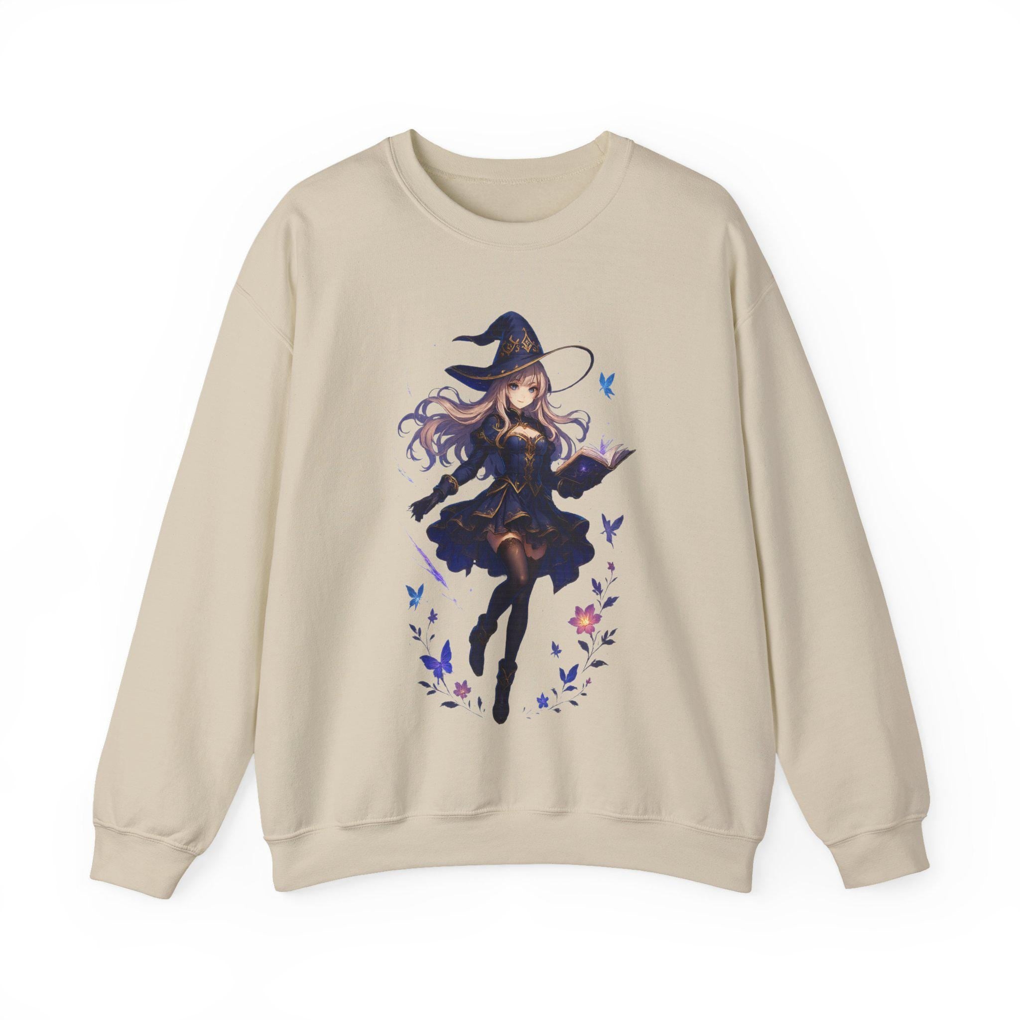 Anime Witch Girl Sweatshirt Magical Book Spellcaster Gift for Fantasy Lovers Otaku Cozy Japanese Style Top