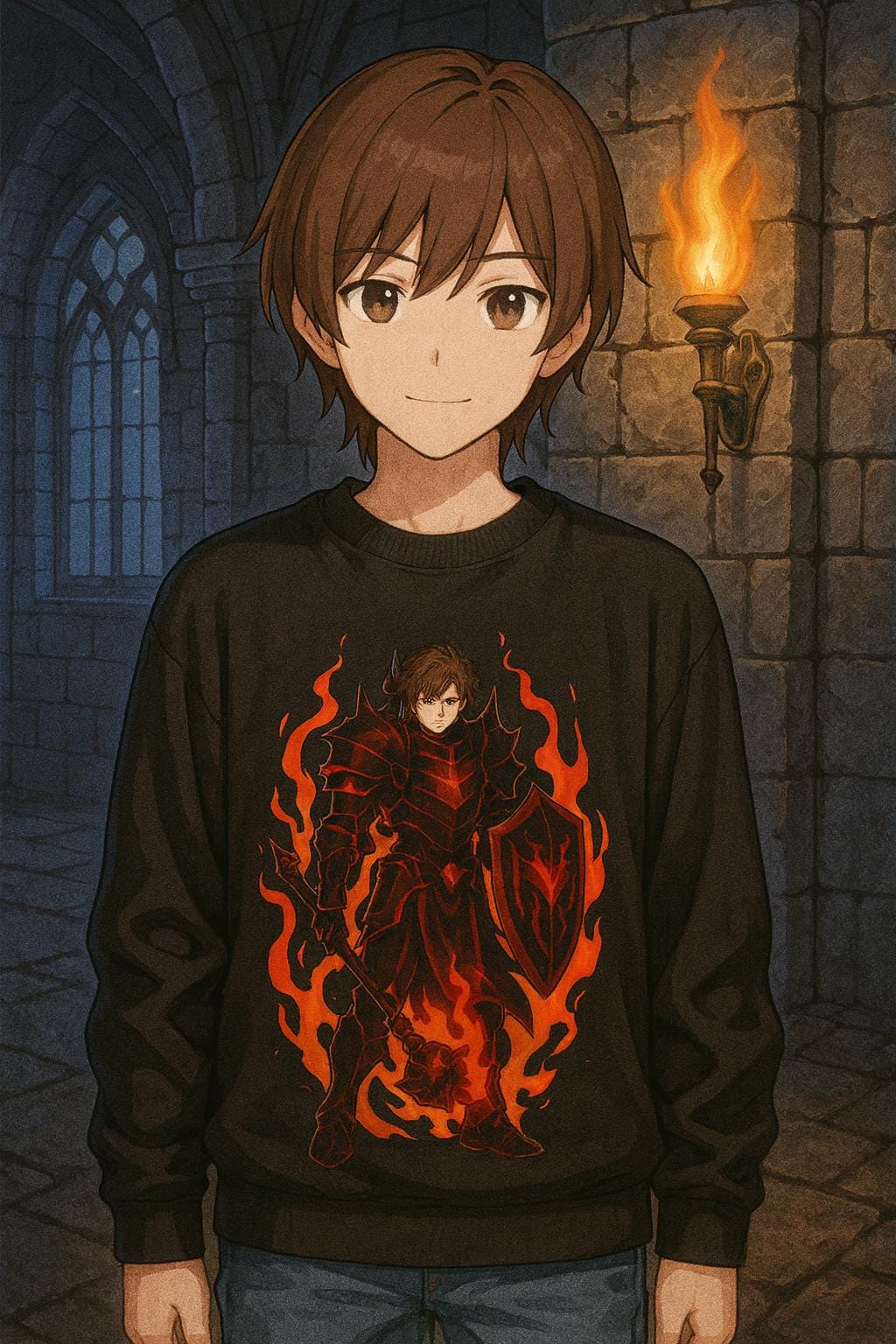 Flame Knight Anime Sweatshirt Black Spooky Castle Glow-in-Dark Fantasy Armor Gift for Gamers Otaku Streetwear Anime Apparel