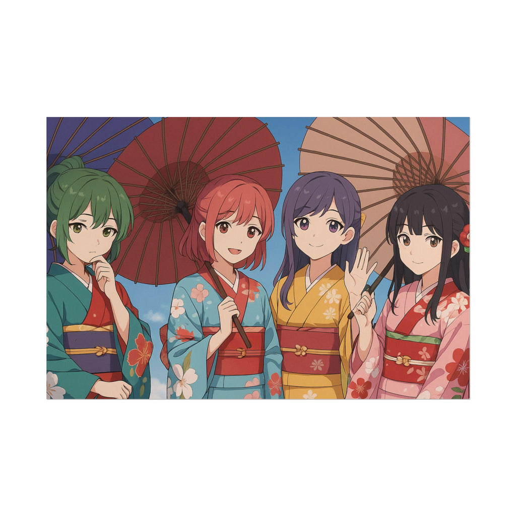 Vibrant Anime Poster Girls in Kimono with Parasols Japanese Festival Art Print