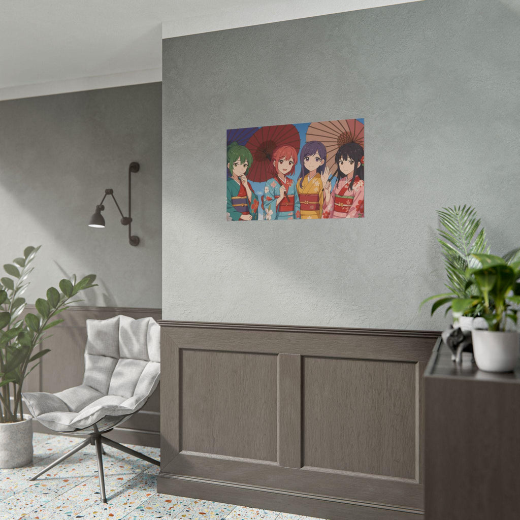 Vibrant Anime Poster Girls in Kimono with Parasols Japanese Festival Art Print