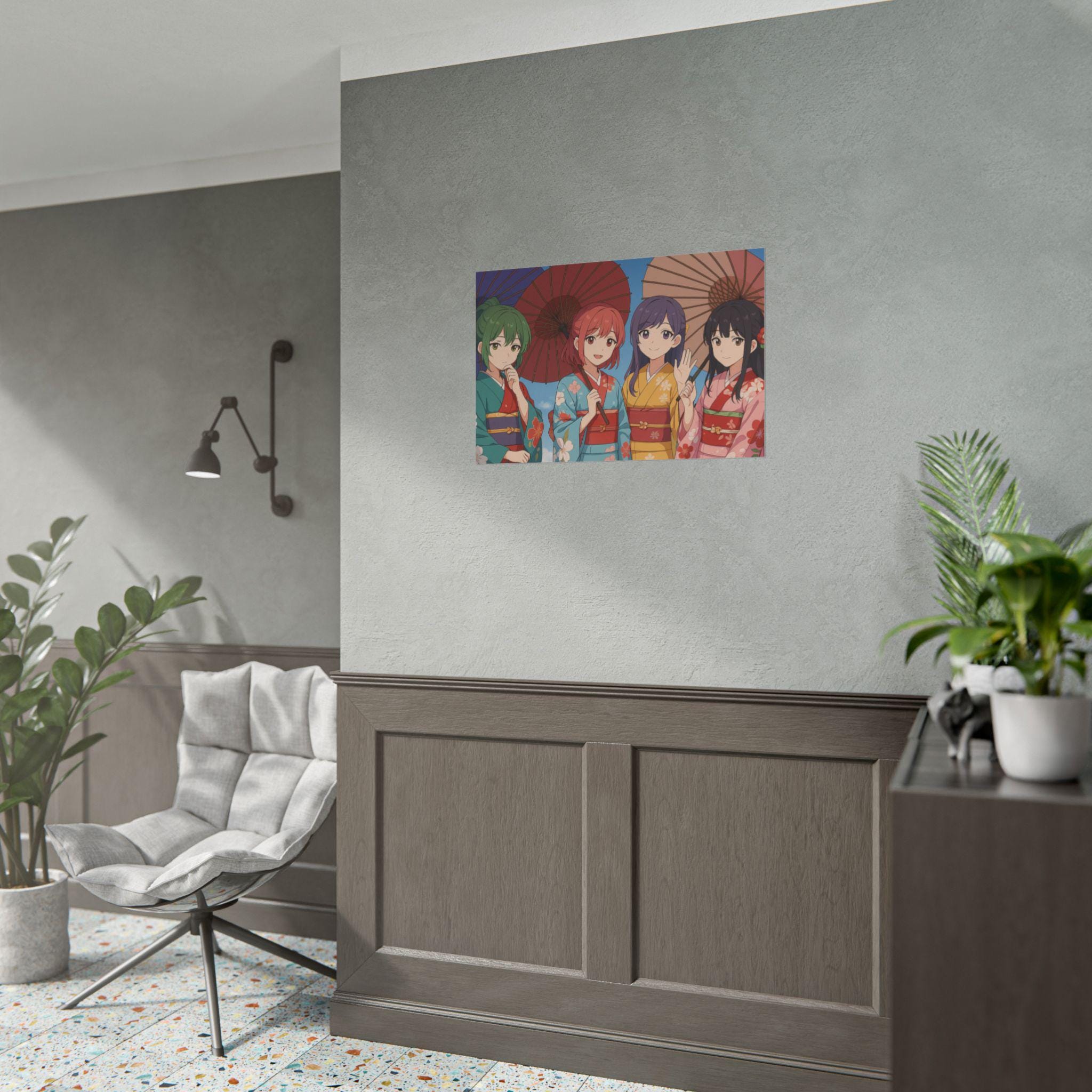 Vibrant Anime Poster Girls in Kimono with Parasols Japanese Festival Art Print