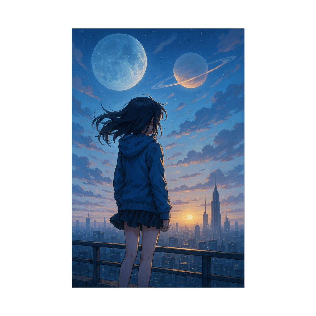 Anime Poster Girl Watching Planets Over Futuristic City at Sunset