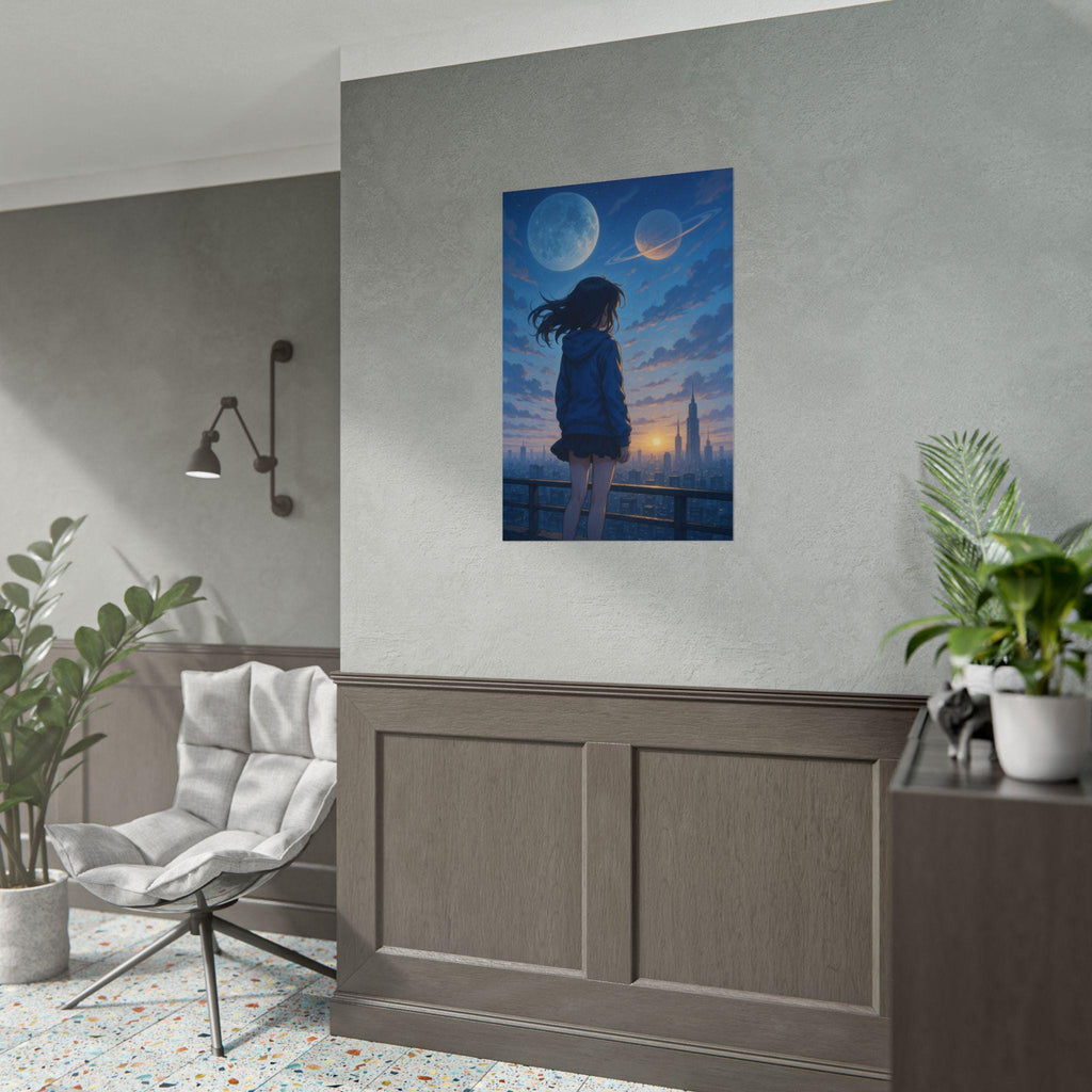 Anime Poster Girl Watching Planets Over Futuristic City at Sunset