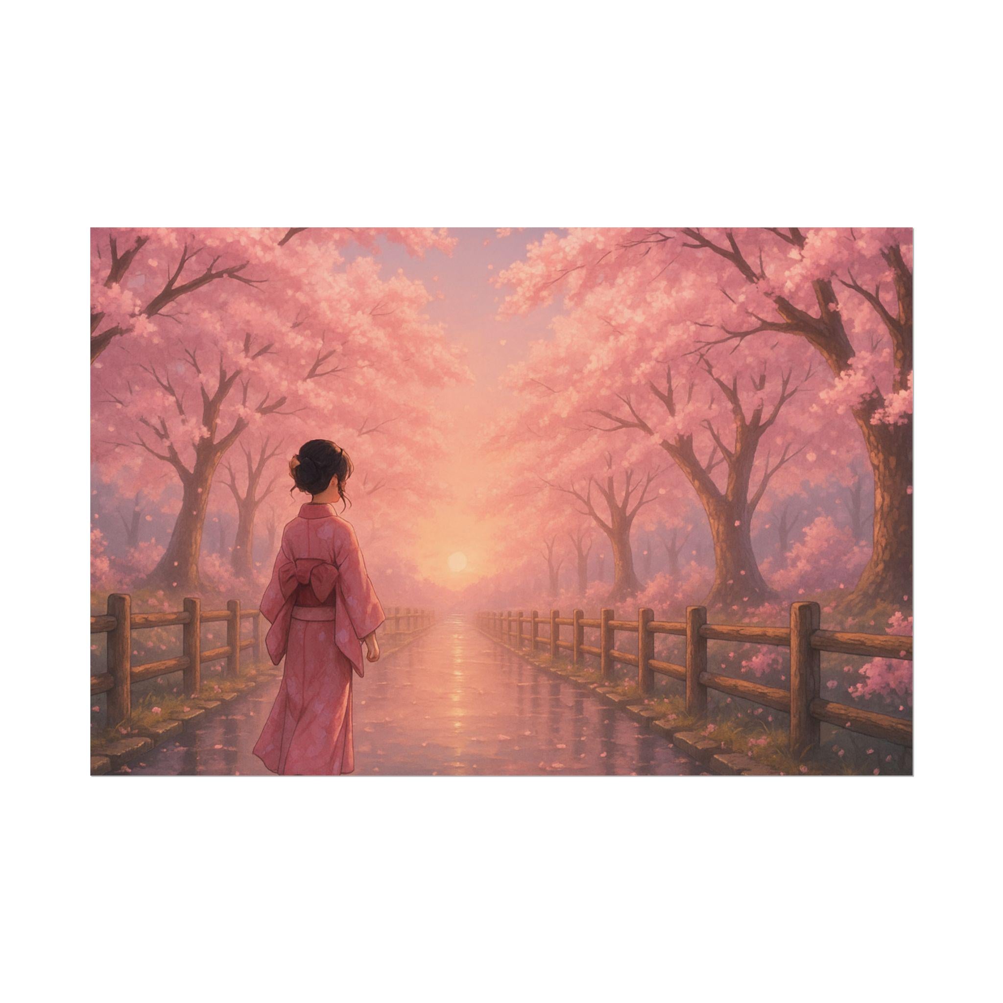 Anime Poster Kimono Woman Walking Under Cherry Blossoms at Sunset