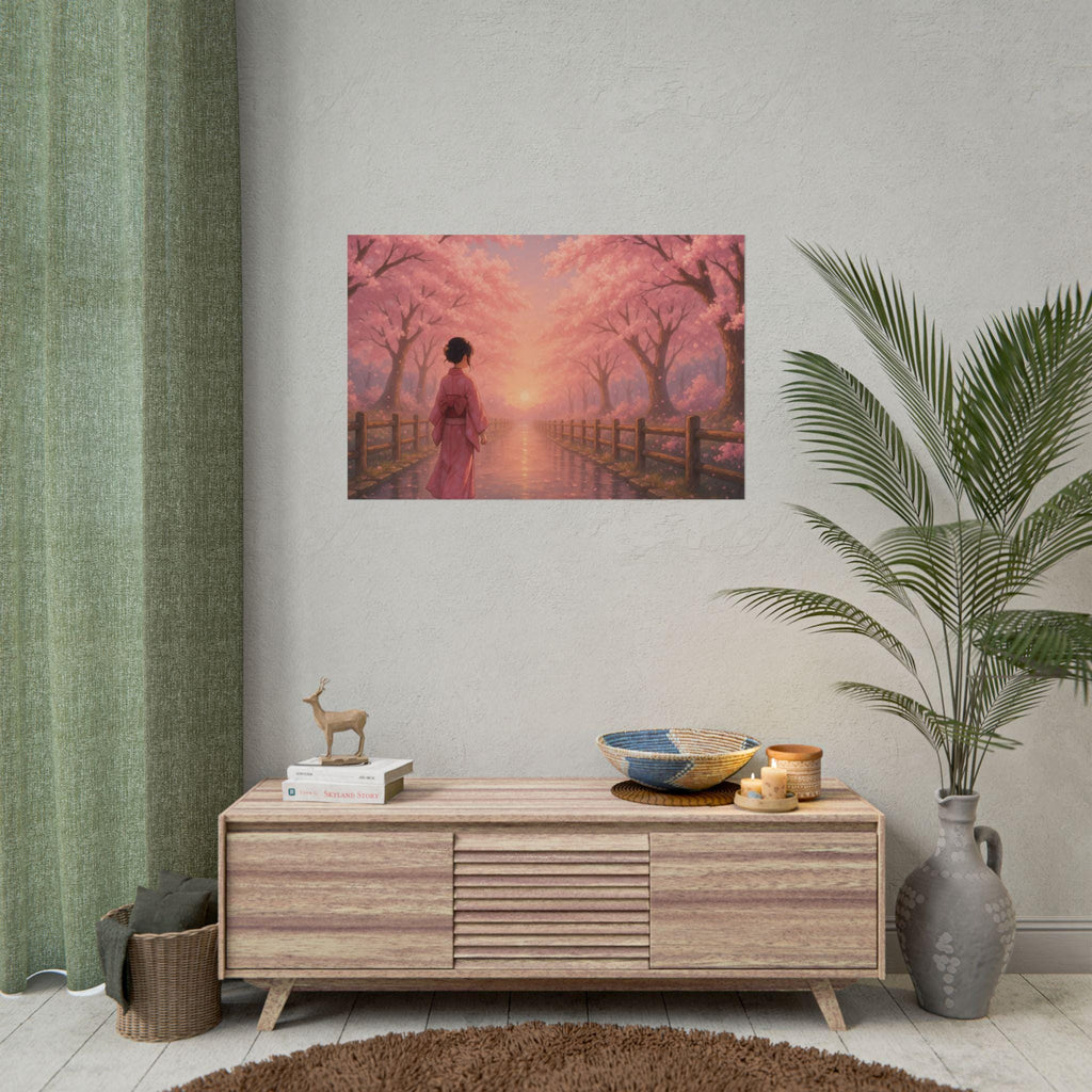 Anime Poster Kimono Woman Walking Under Cherry Blossoms at Sunset