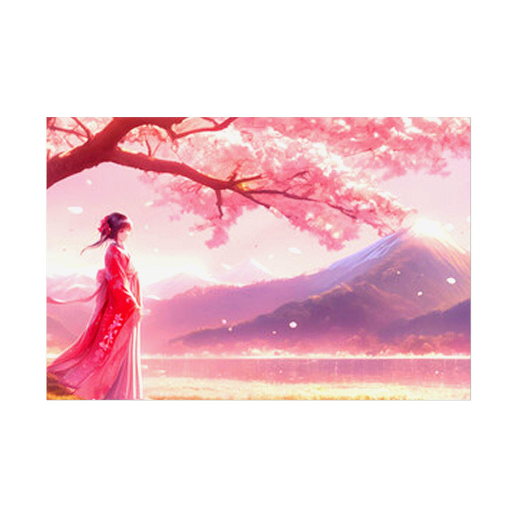 Anime Poster Woman in Kimono Under Cherry Blossoms with Mountain View